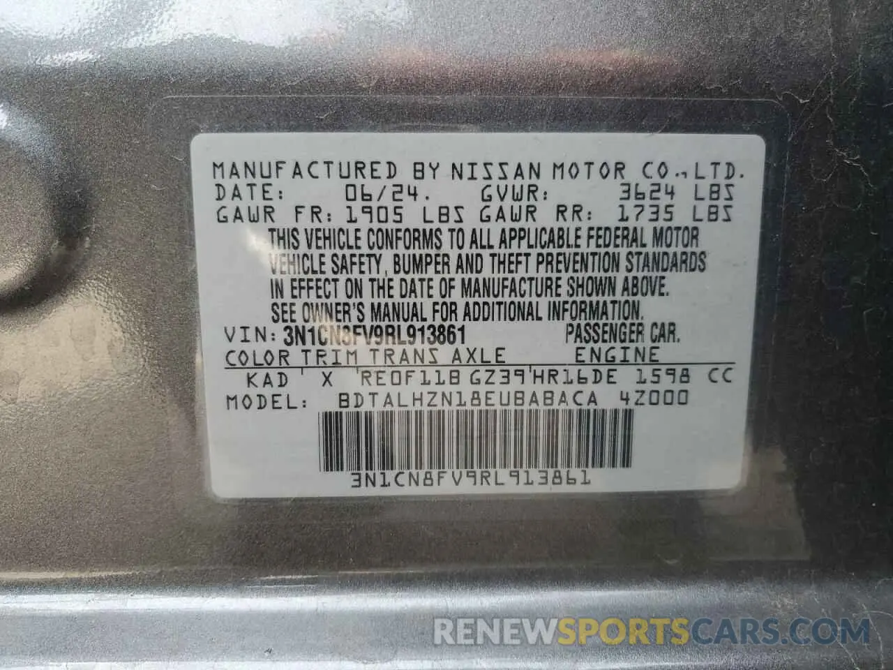 13 Photograph of a damaged car 3N1CN8FV9RL913861 NISSAN VERSA 2024