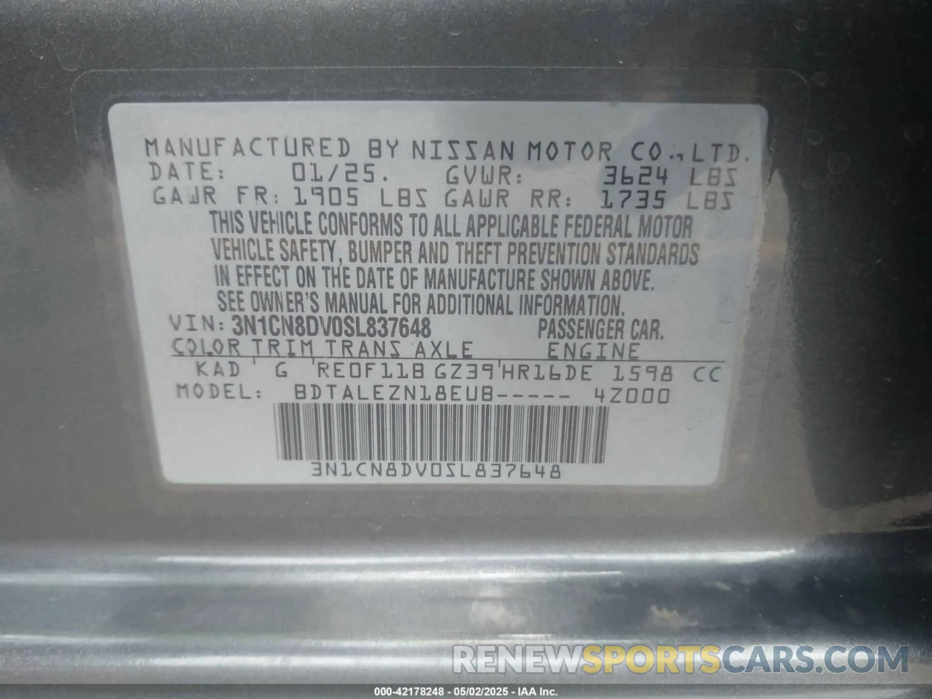 9 Photograph of a damaged car 3N1CN8DV0SL837648 NISSAN VERSA 2025