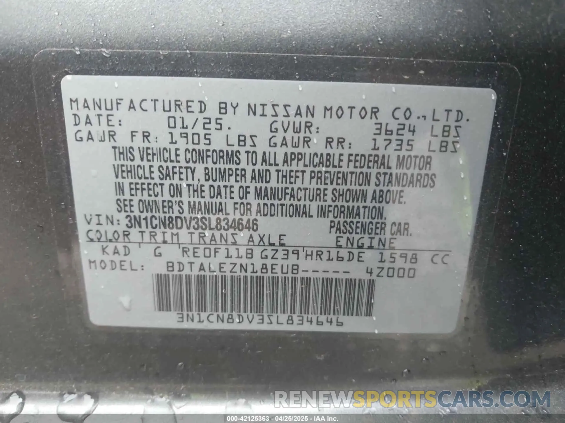 9 Photograph of a damaged car 3N1CN8DV3SL834646 NISSAN VERSA 2025