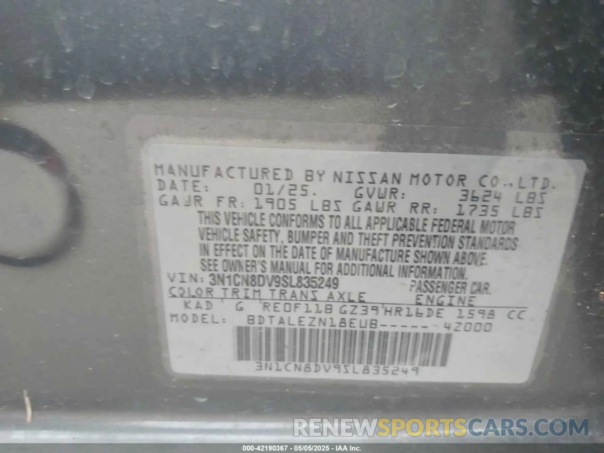 9 Photograph of a damaged car 3N1CN8DV9SL835249 NISSAN VERSA 2025