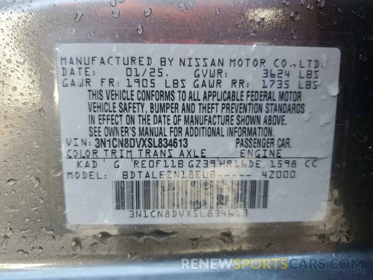 13 Photograph of a damaged car 3N1CN8DVXSL834613 NISSAN VERSA 2025