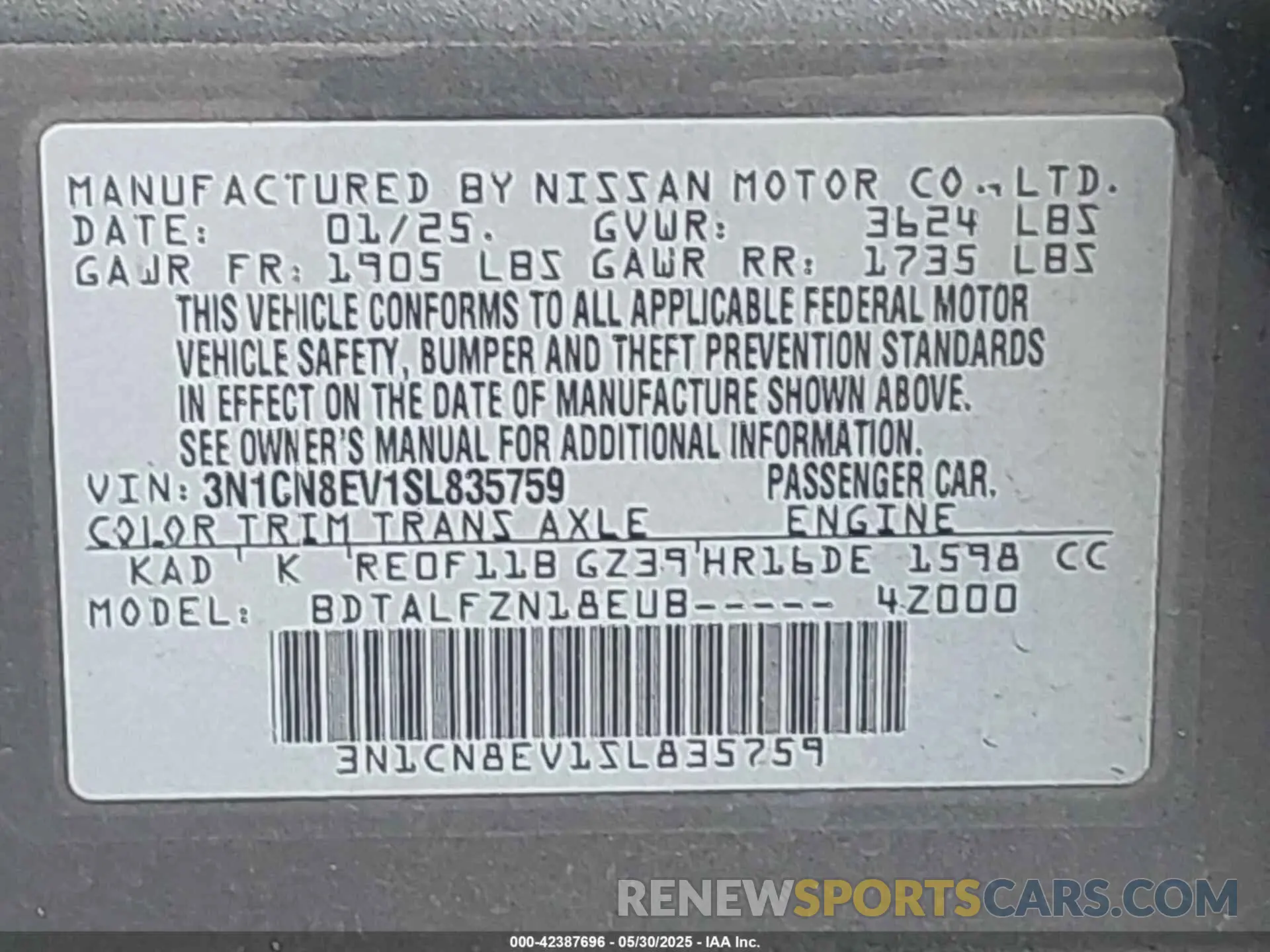 9 Photograph of a damaged car 3N1CN8EV1SL835759 NISSAN VERSA 2025