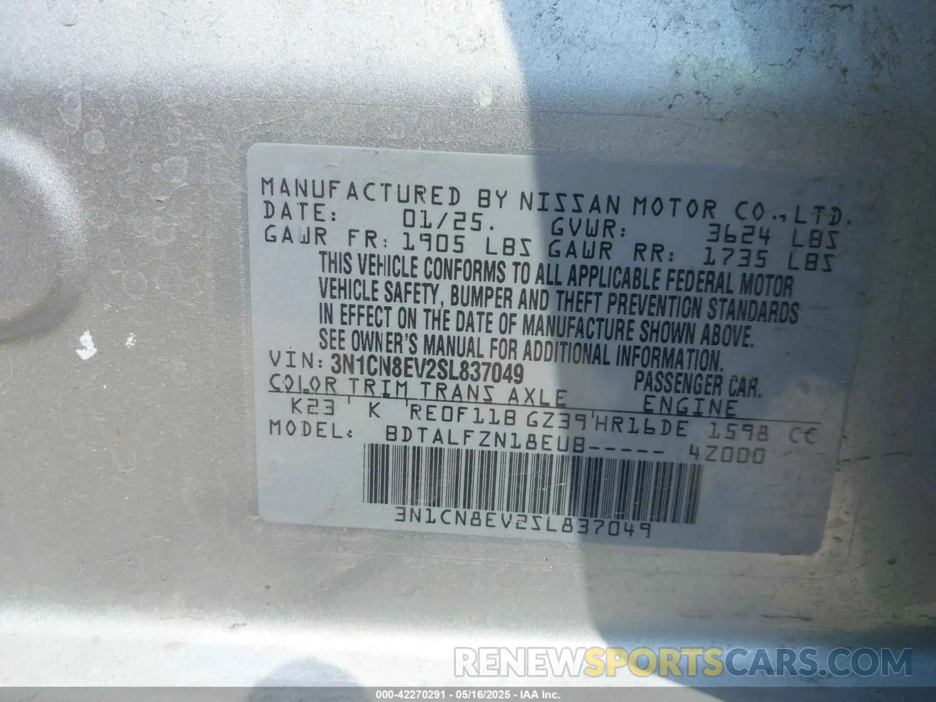 9 Photograph of a damaged car 3N1CN8EV2SL837049 NISSAN VERSA 2025