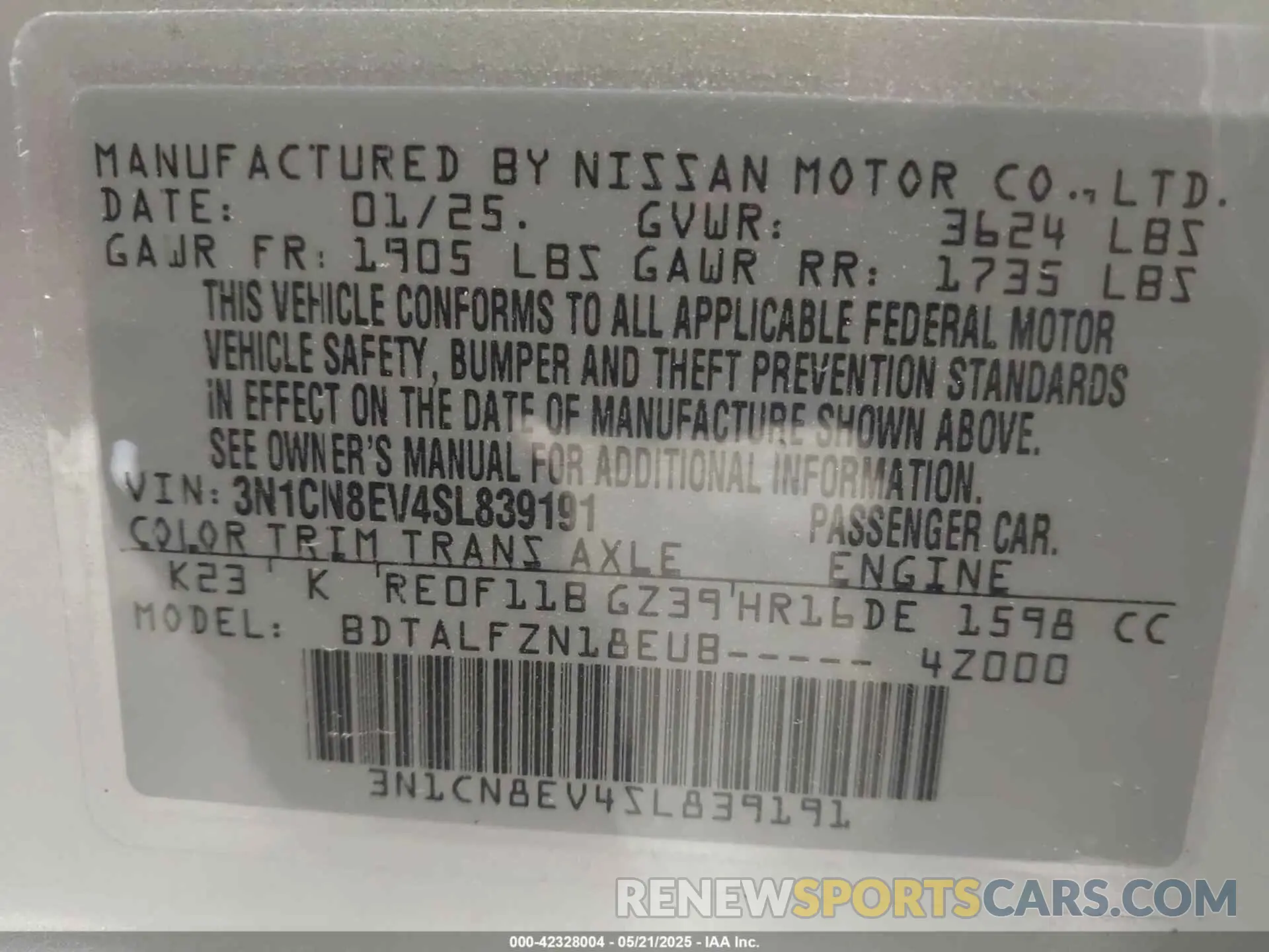 9 Photograph of a damaged car 3N1CN8EV4SL839191 NISSAN VERSA 2025