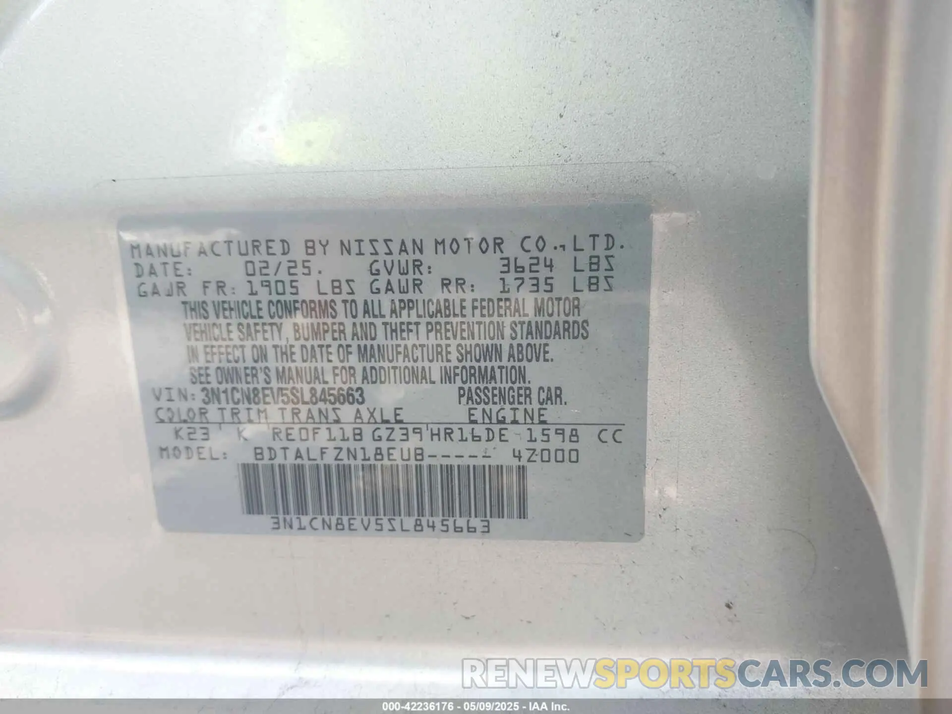 9 Photograph of a damaged car 3N1CN8EV5SL845663 NISSAN VERSA 2025