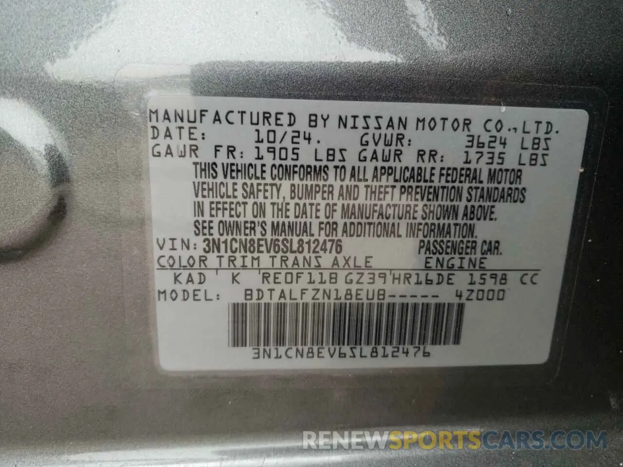 12 Photograph of a damaged car 3N1CN8EV6SL812476 NISSAN VERSA 2025
