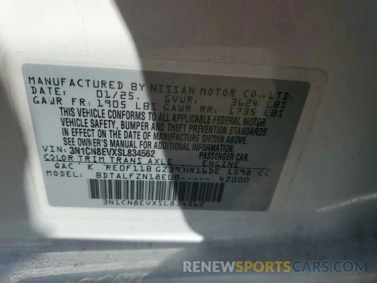 12 Photograph of a damaged car 3N1CN8EVXSL834562 NISSAN VERSA 2025