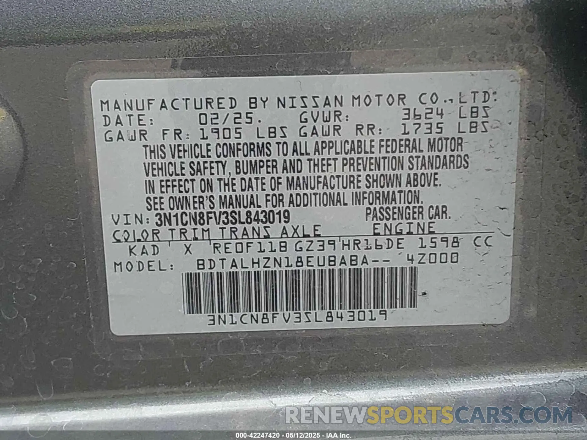9 Photograph of a damaged car 3N1CN8FV3SL843019 NISSAN VERSA 2025