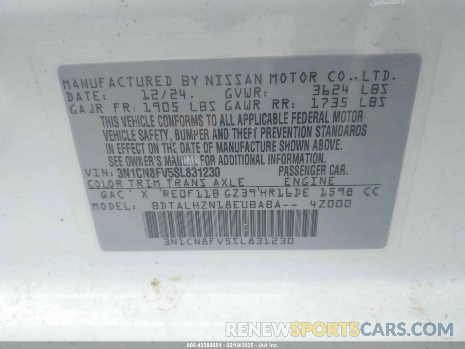 9 Photograph of a damaged car 3N1CN8FV5SL831230 NISSAN VERSA 2025