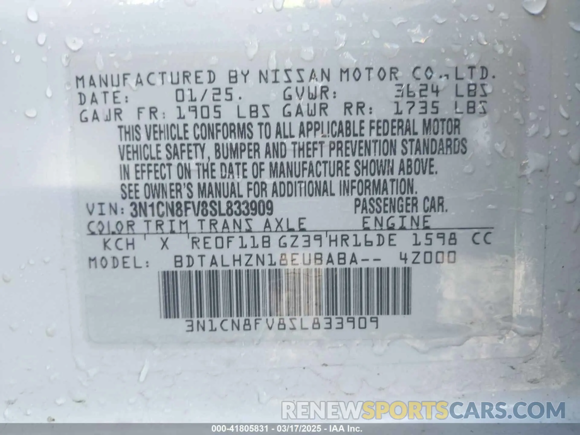 9 Photograph of a damaged car 3N1CN8FV8SL833909 NISSAN VERSA 2025