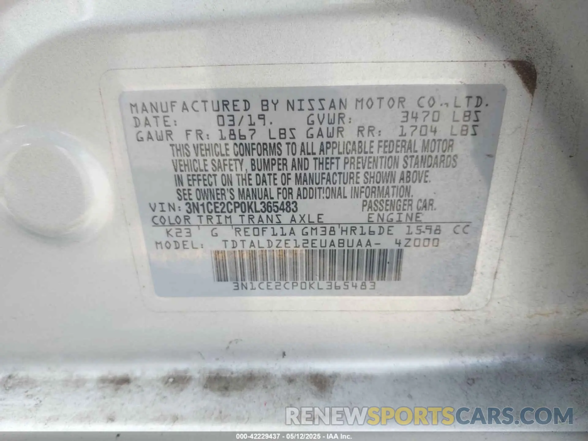 9 Photograph of a damaged car 3N1CE2CP0KL365483 NISSAN VERSA NOTE 2019