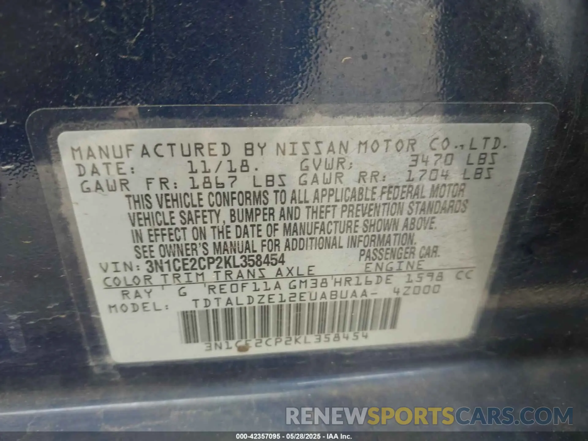 9 Photograph of a damaged car 3N1CE2CP2KL358454 NISSAN VERSA NOTE 2019