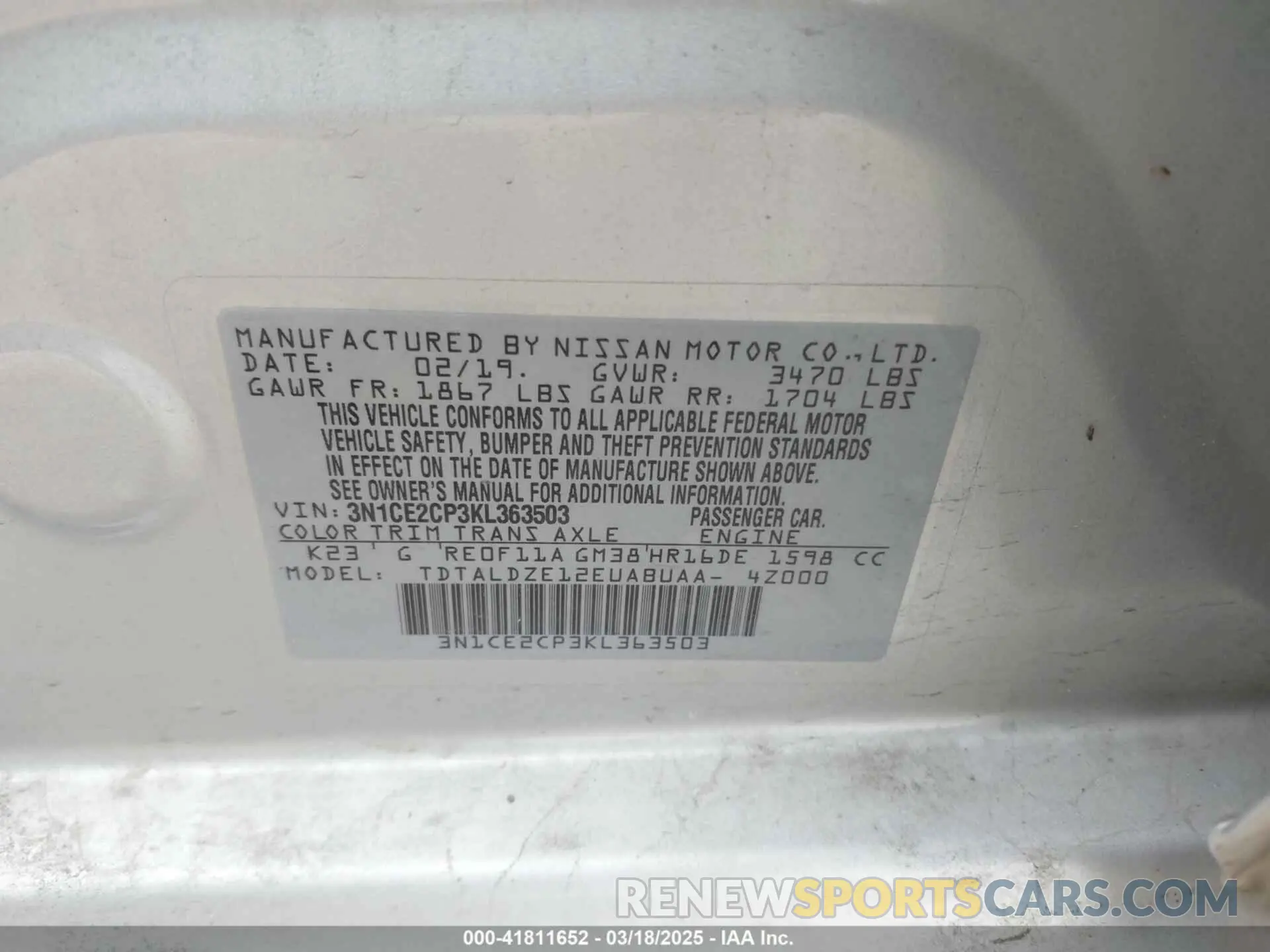 9 Photograph of a damaged car 3N1CE2CP3KL363503 NISSAN VERSA NOTE 2019