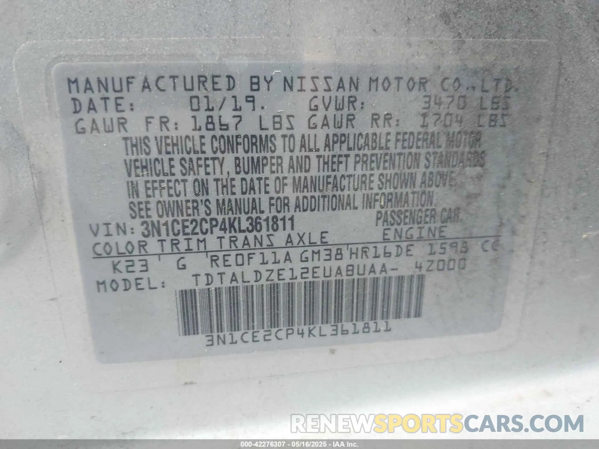 9 Photograph of a damaged car 3N1CE2CP4KL361811 NISSAN VERSA NOTE 2019
