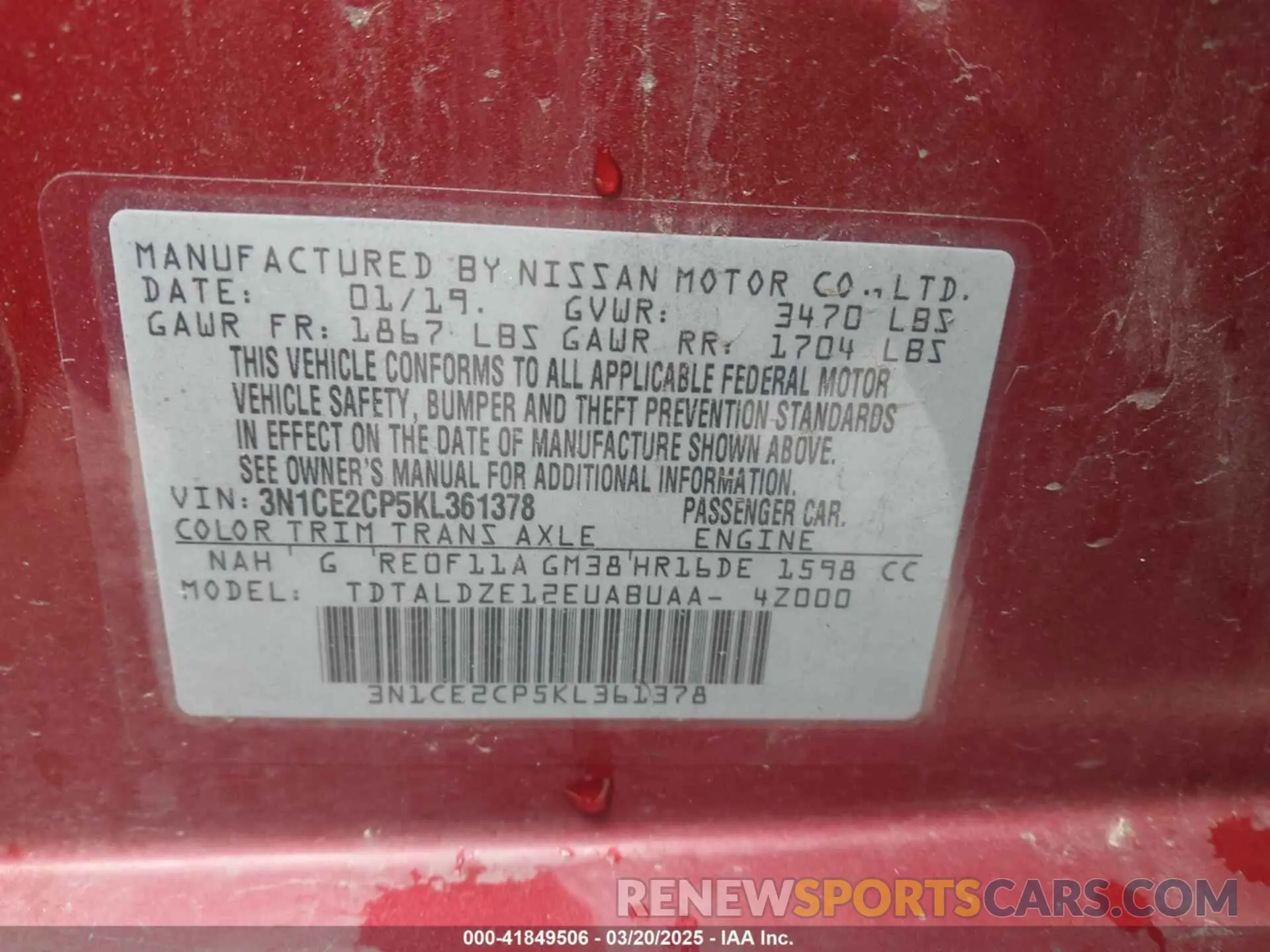 9 Photograph of a damaged car 3N1CE2CP5KL361378 NISSAN VERSA NOTE 2019