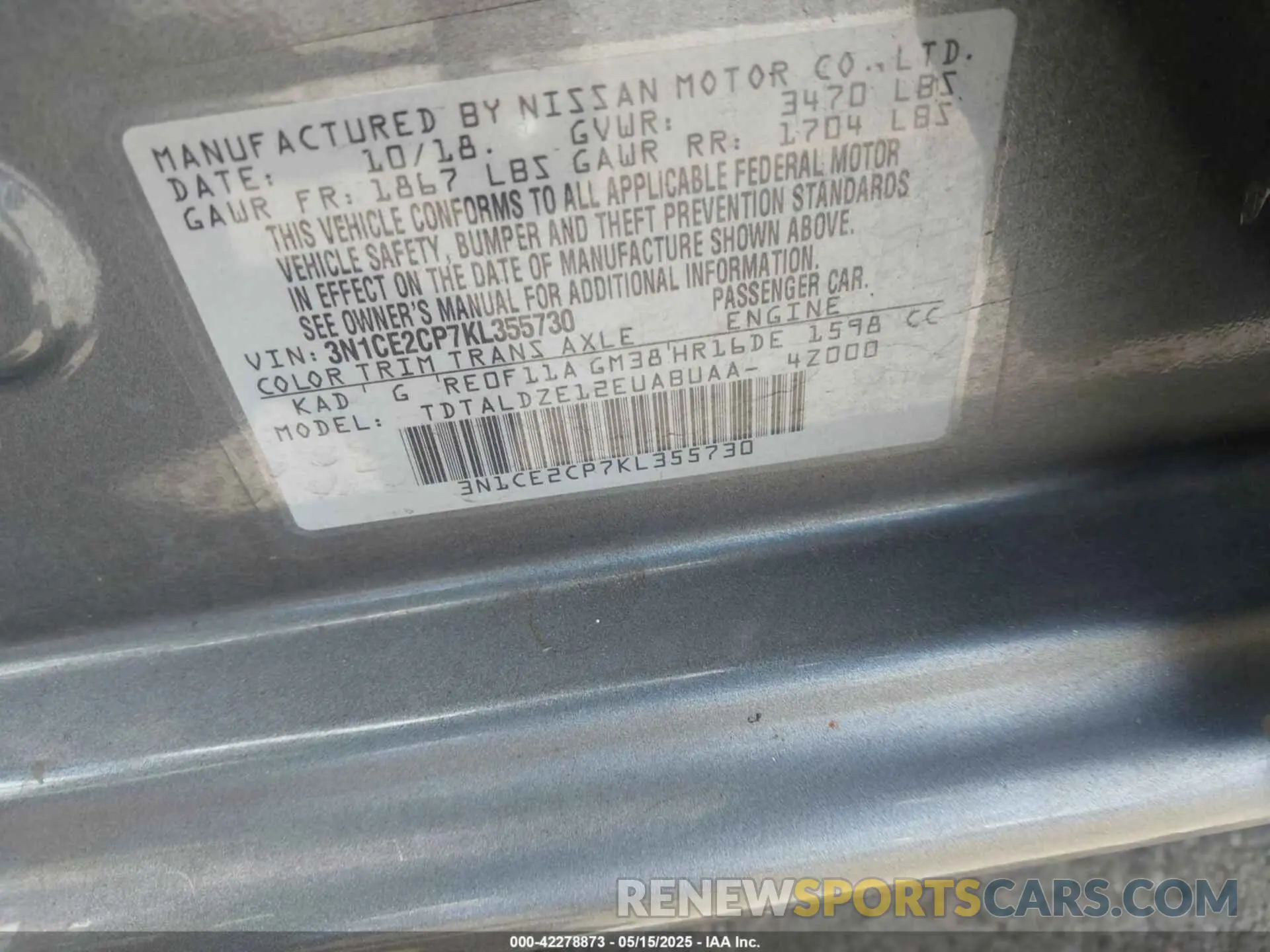 9 Photograph of a damaged car 3N1CE2CP7KL355730 NISSAN VERSA NOTE 2019