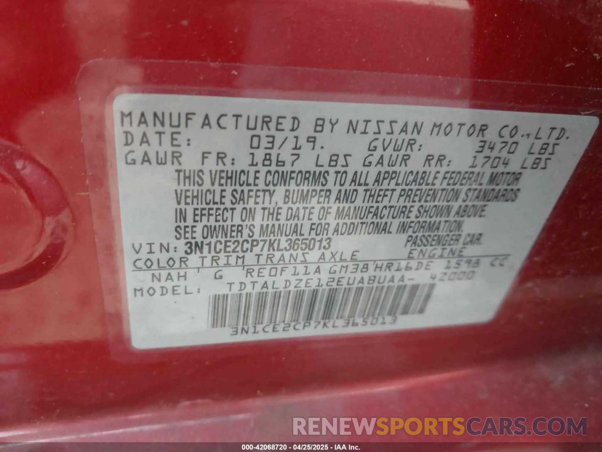 9 Photograph of a damaged car 3N1CE2CP7KL365013 NISSAN VERSA NOTE 2019