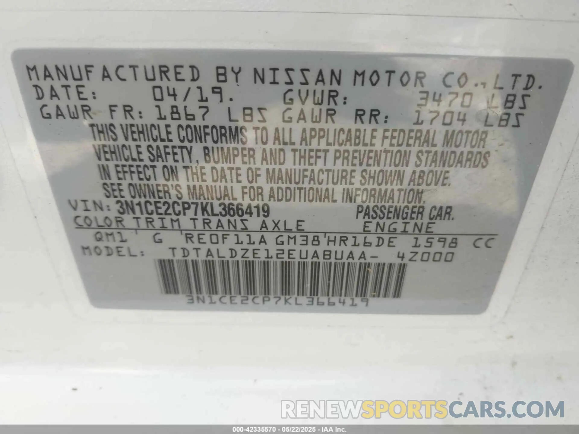 9 Photograph of a damaged car 3N1CE2CP7KL366419 NISSAN VERSA NOTE 2019