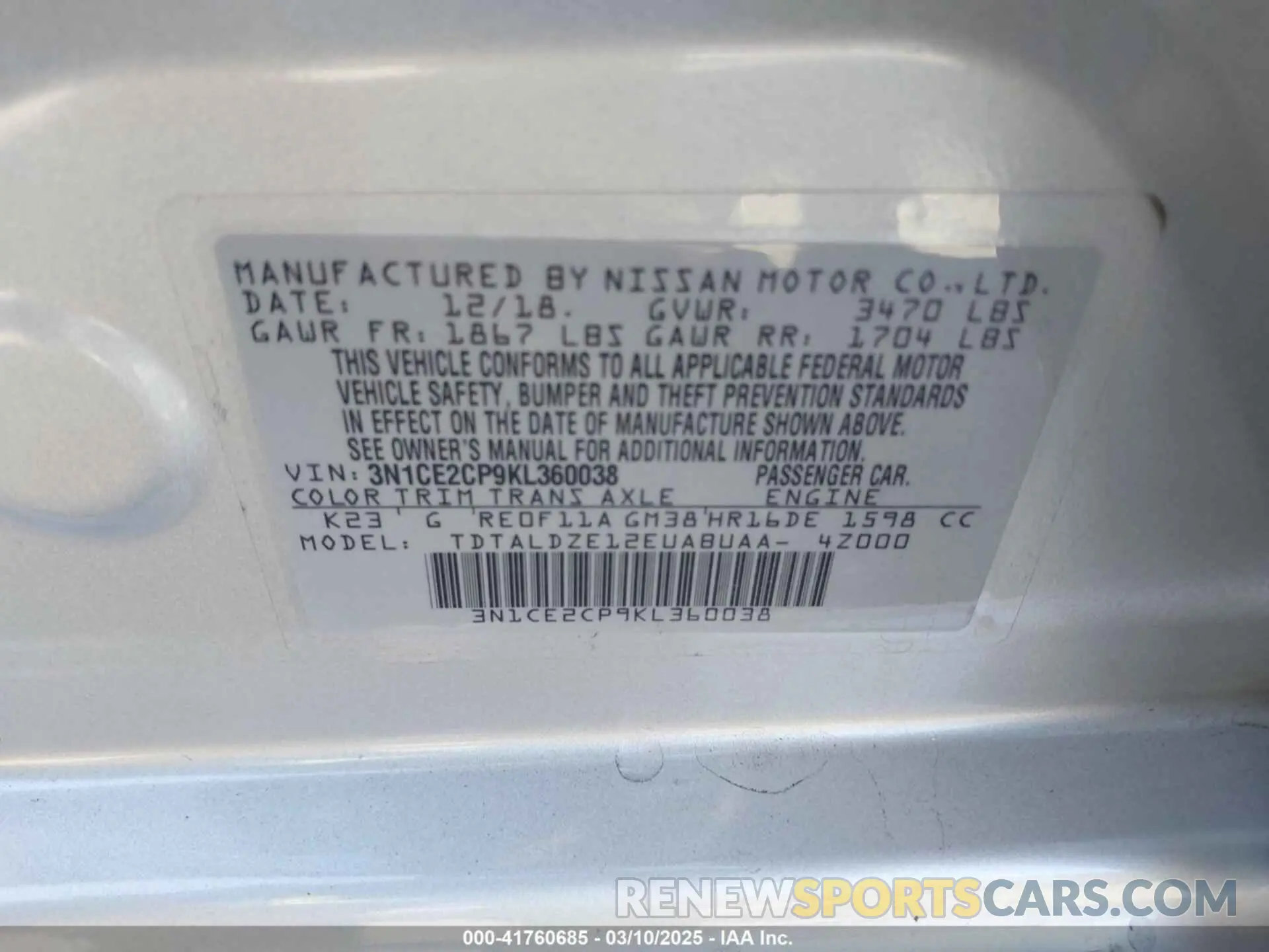 9 Photograph of a damaged car 3N1CE2CP9KL360038 NISSAN VERSA NOTE 2019