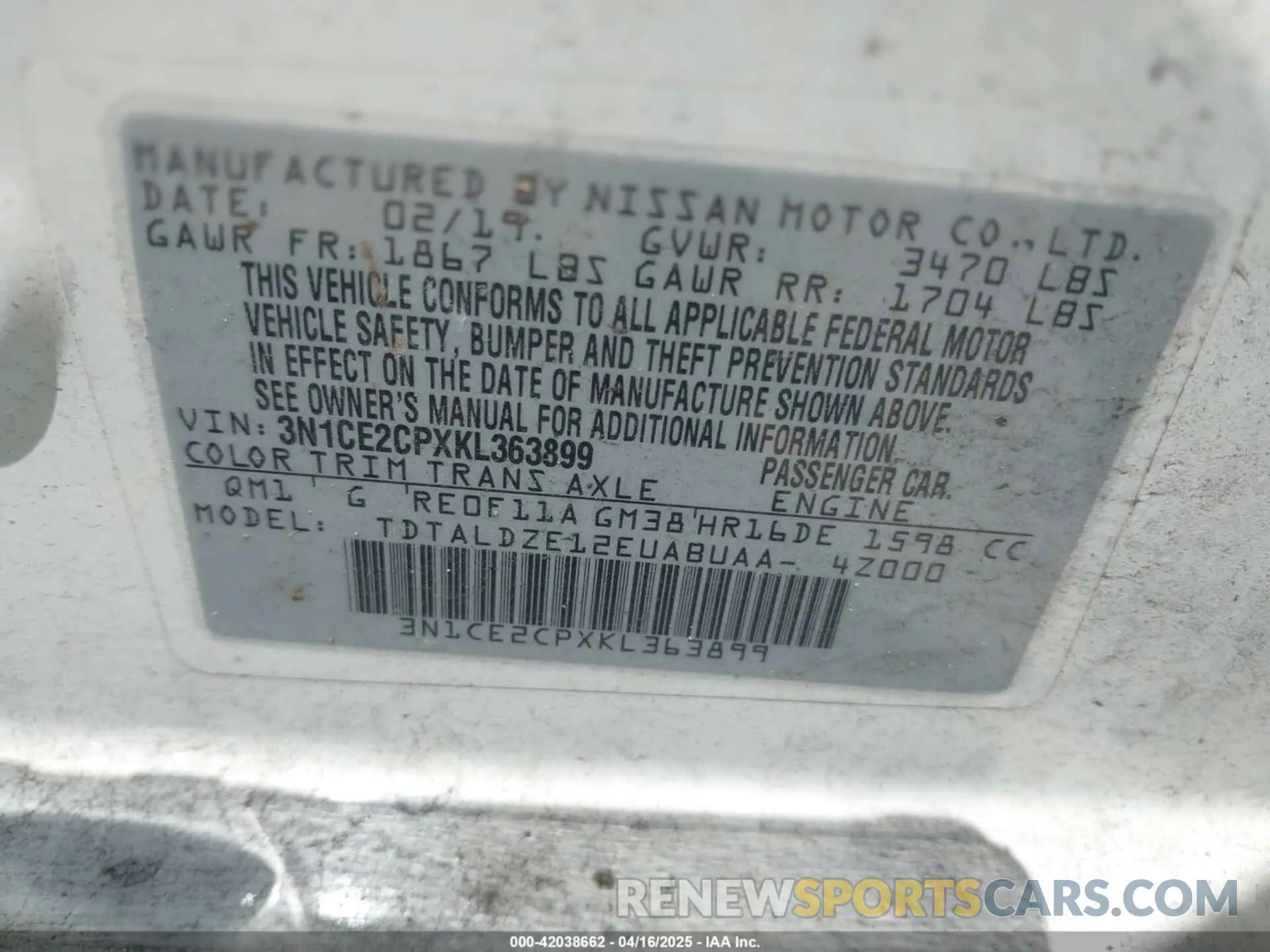 9 Photograph of a damaged car 3N1CE2CPXKL363899 NISSAN VERSA NOTE 2019