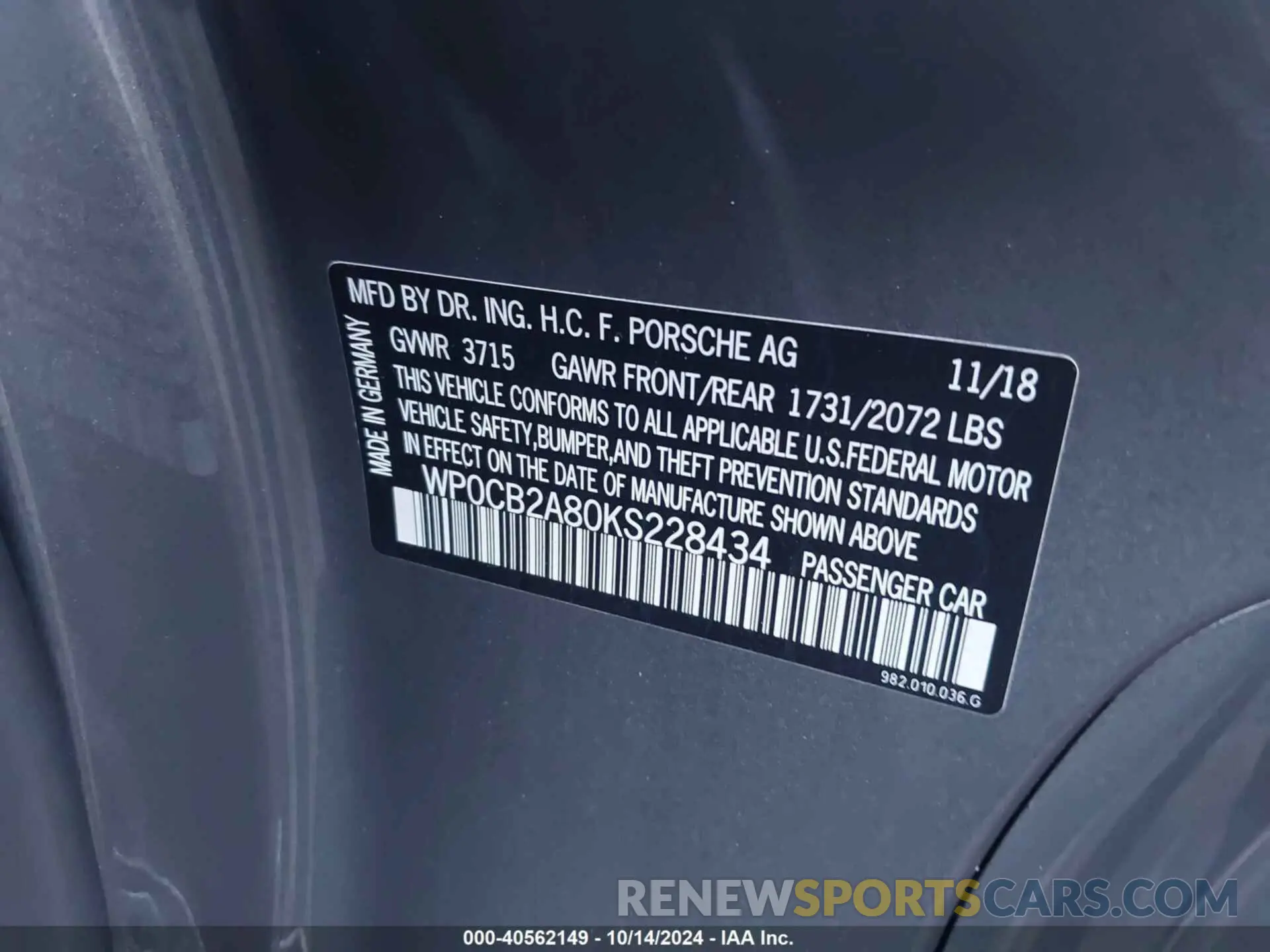 9 Photograph of a damaged car WP0CB2A80KS228434 PORSCHE 718 BOXSTER 2019