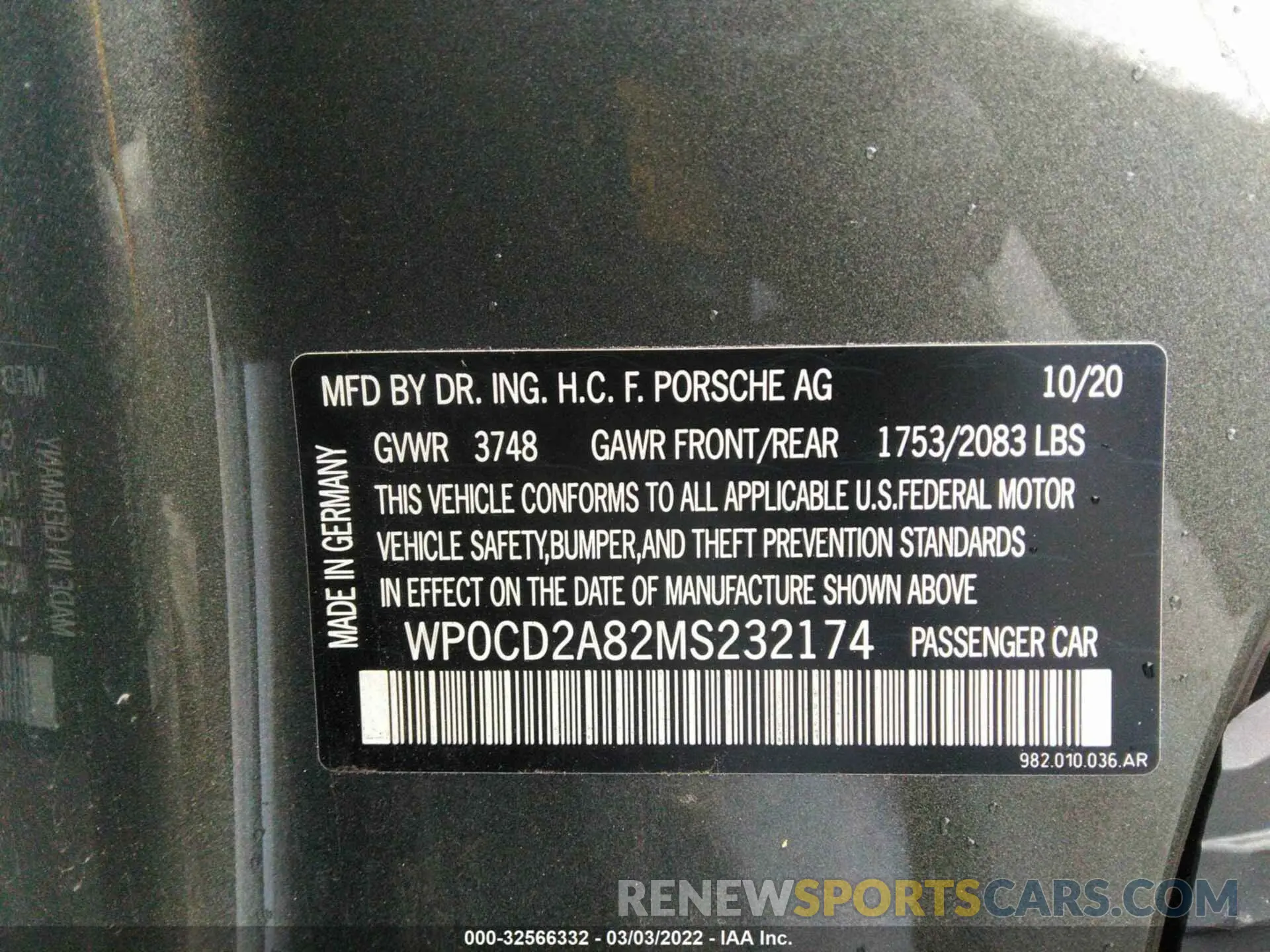 9 Photograph of a damaged car WP0CD2A82MS232174 PORSCHE 718 BOXSTER 2021