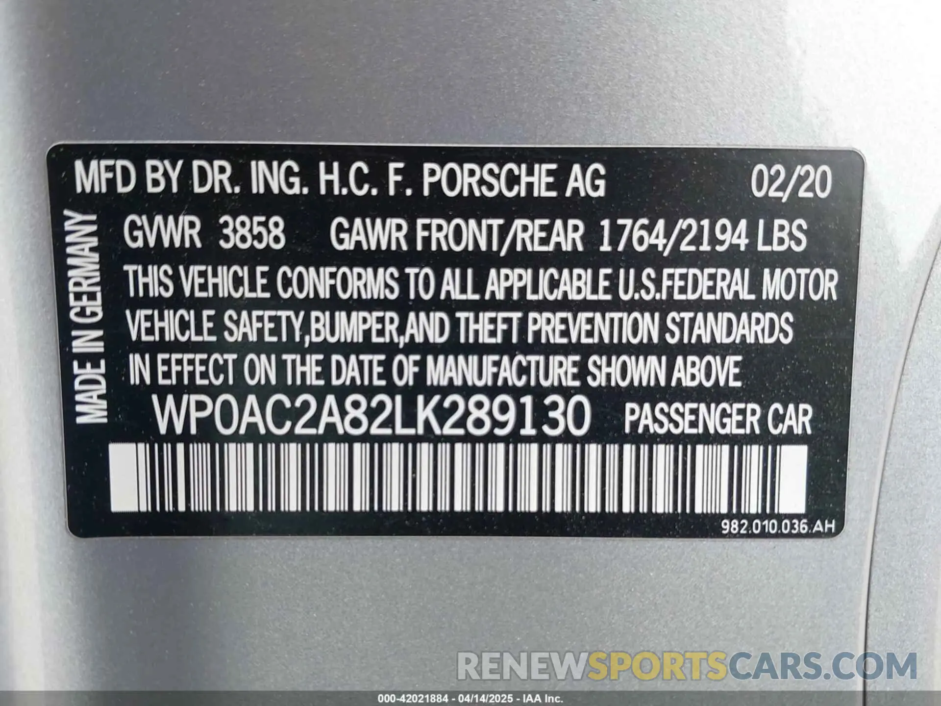 9 Photograph of a damaged car WP0AC2A82LK289130 PORSCHE 718 CAYMAN 2020