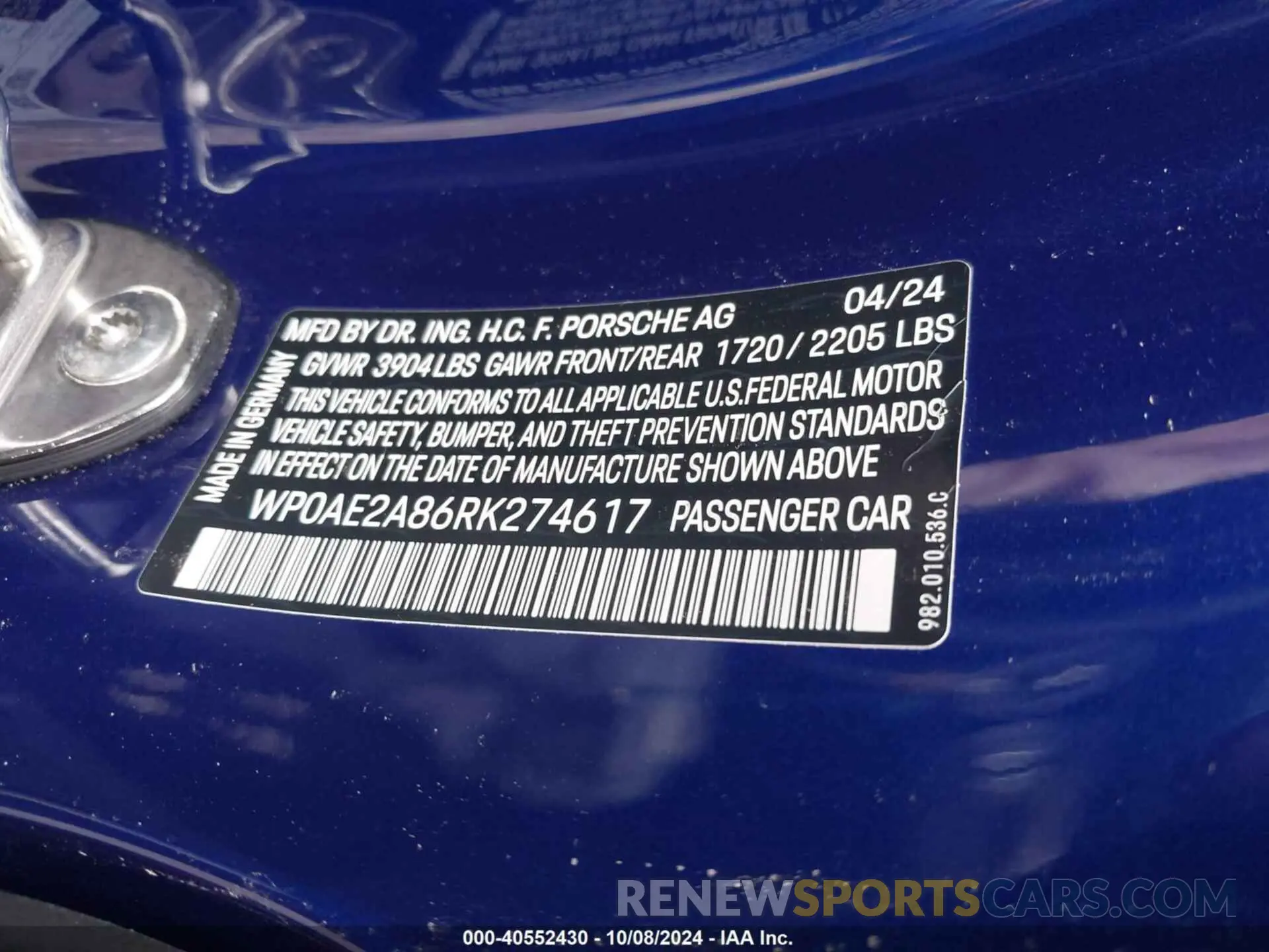 9 Photograph of a damaged car WP0AE2A86RK274617 PORSCHE 718 CAYMAN 2024