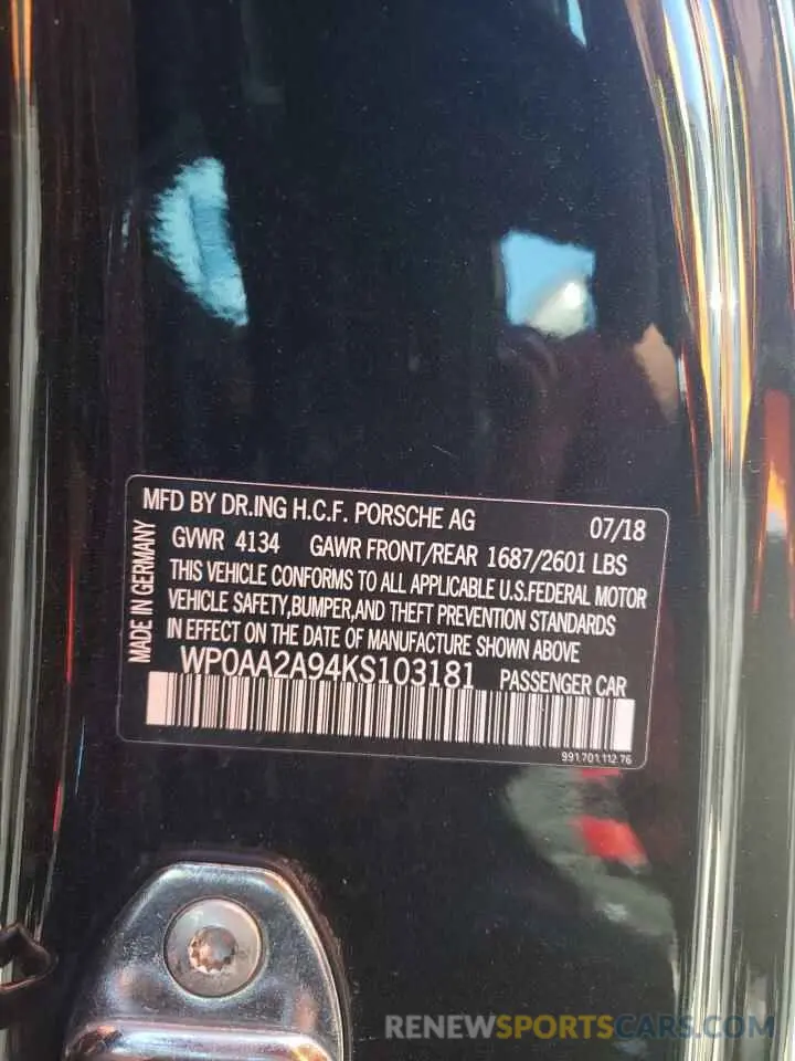 10 Photograph of a damaged car WP0AA2A94KS103181 PORSCHE 911 2019