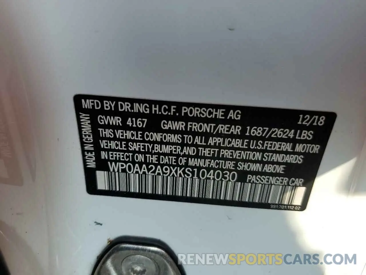 13 Photograph of a damaged car WP0AA2A9XKS104030 PORSCHE 911 2019