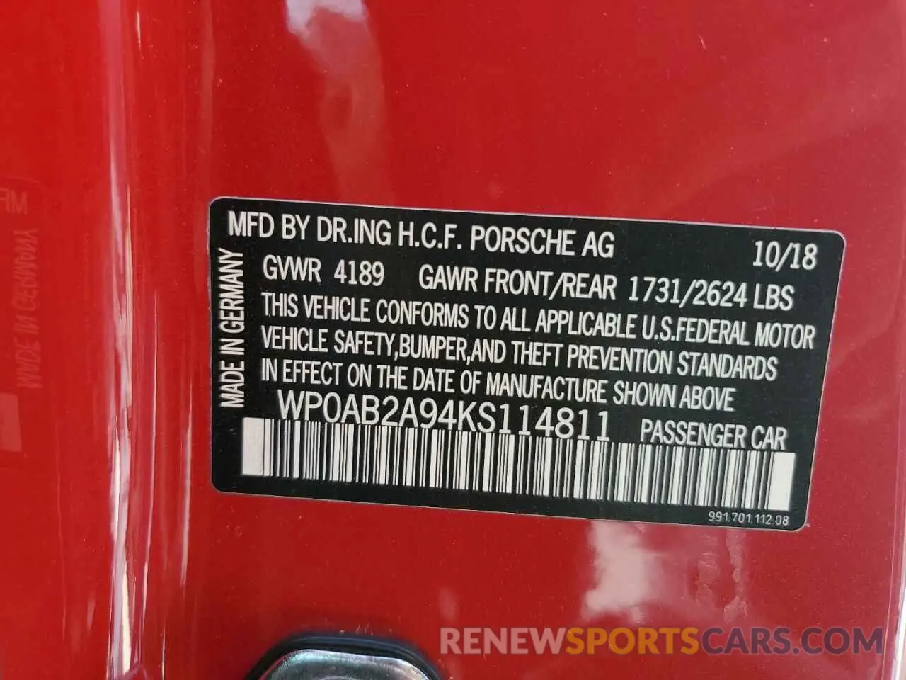 13 Photograph of a damaged car WP0AB2A94KS114811 PORSCHE 911 2019
