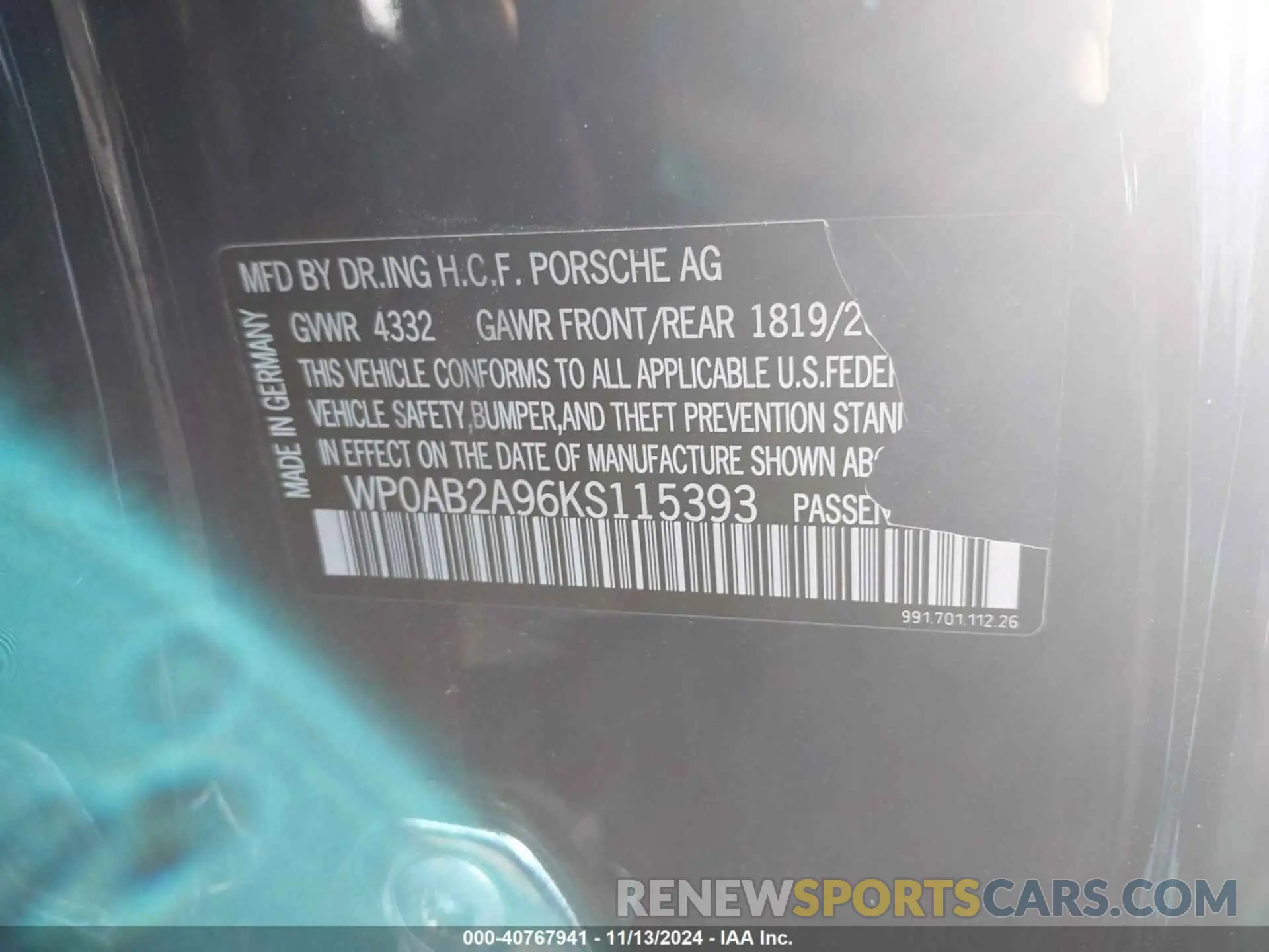 9 Photograph of a damaged car WP0AB2A96KS115393 PORSCHE 911 2019