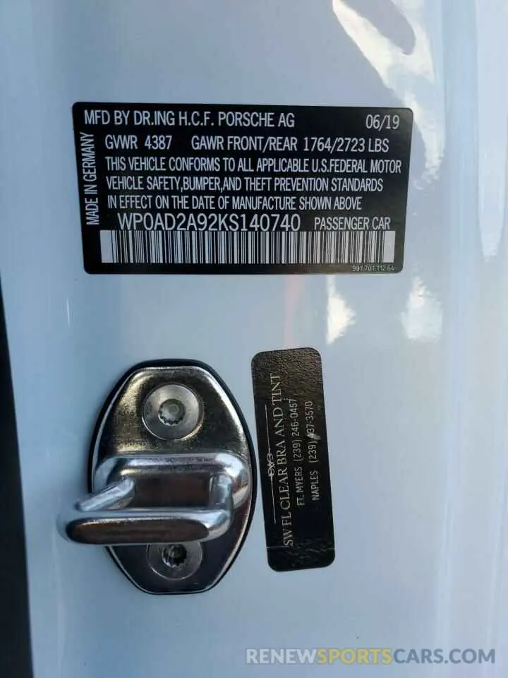10 Photograph of a damaged car WP0AD2A92KS140740 PORSCHE 911 2019