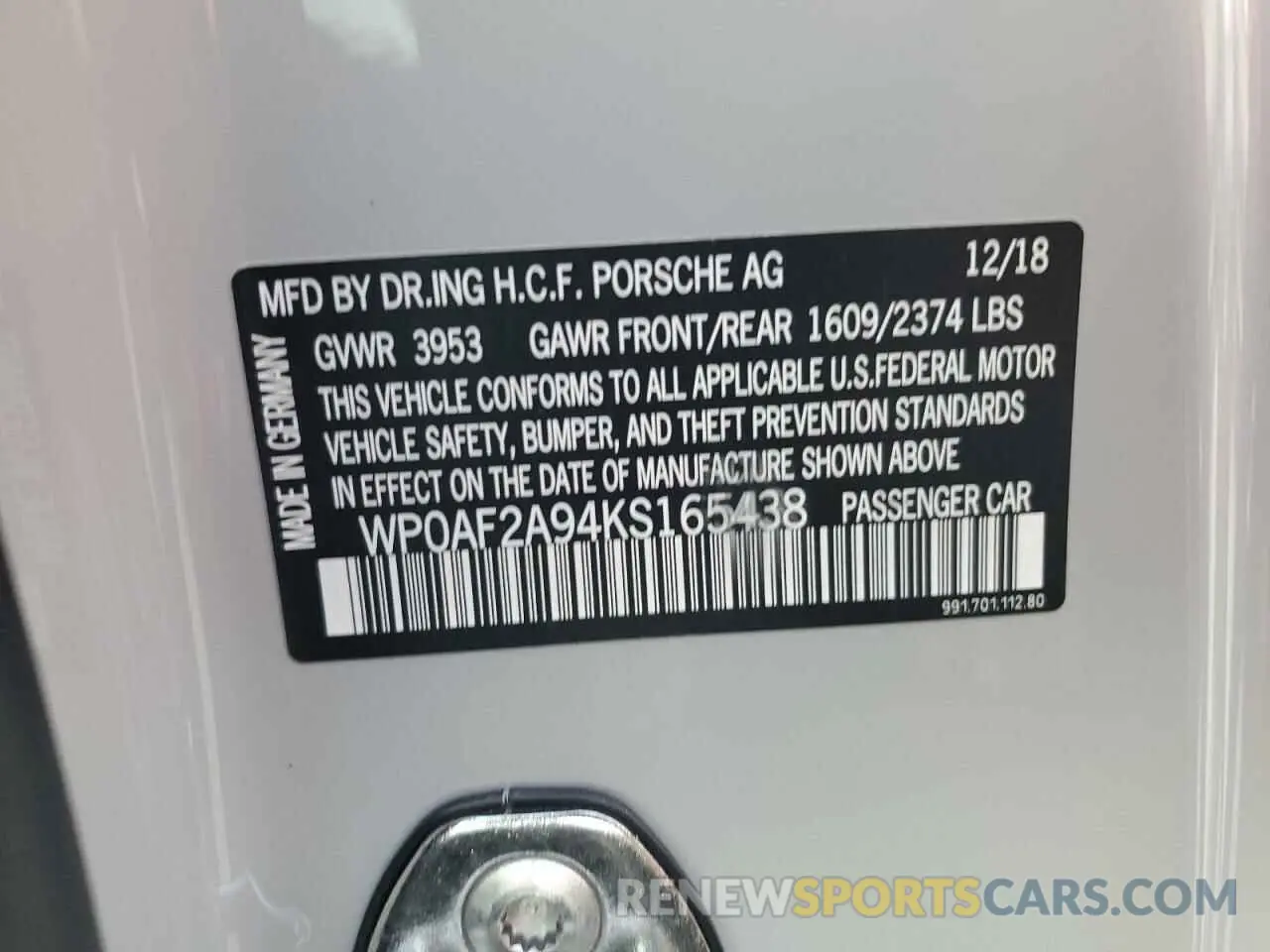 13 Photograph of a damaged car WP0AF2A94KS165438 PORSCHE 911 2019