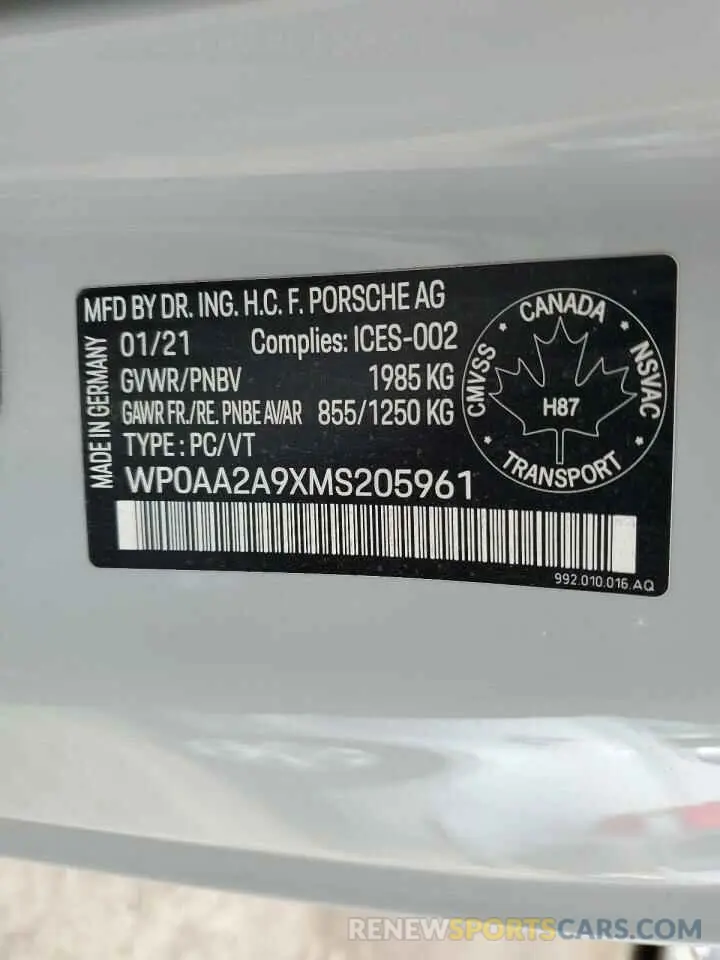12 Photograph of a damaged car WP0AA2A9XMS205961 PORSCHE 911 2021