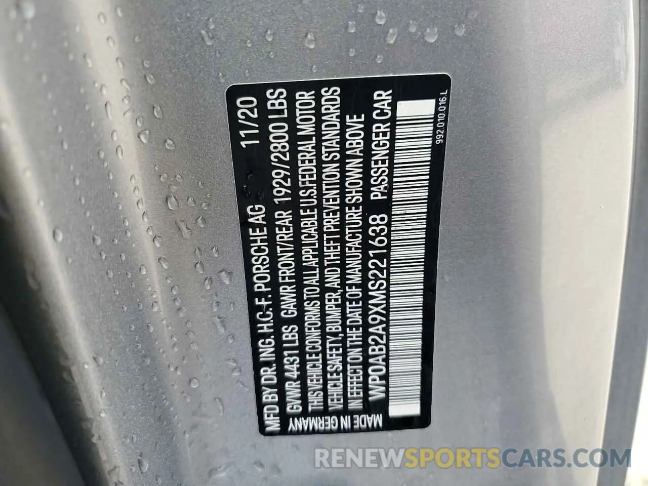 12 Photograph of a damaged car WP0AB2A9XMS221638 PORSCHE 911 2021