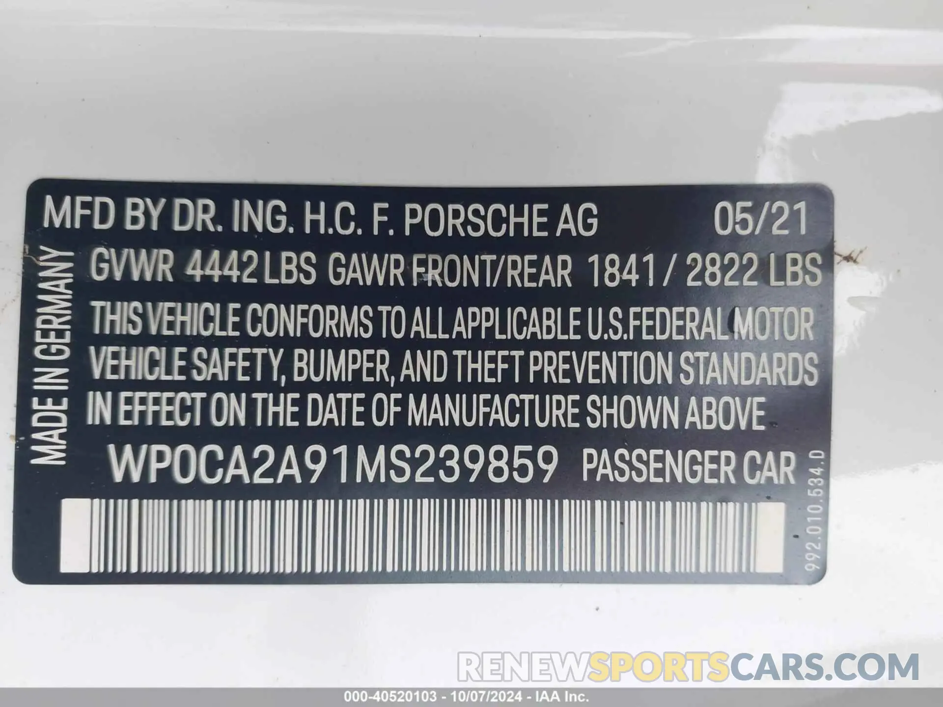 9 Photograph of a damaged car WP0CA2A91MS239859 PORSCHE 911 2021