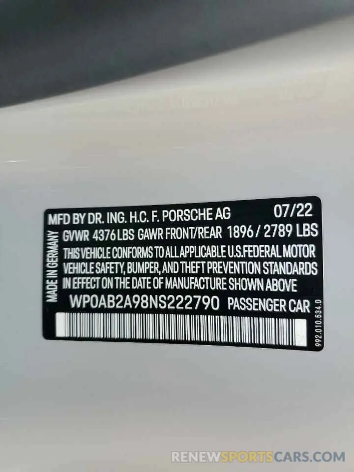 13 Photograph of a damaged car WP0AB2A98NS222790 PORSCHE 911 2022