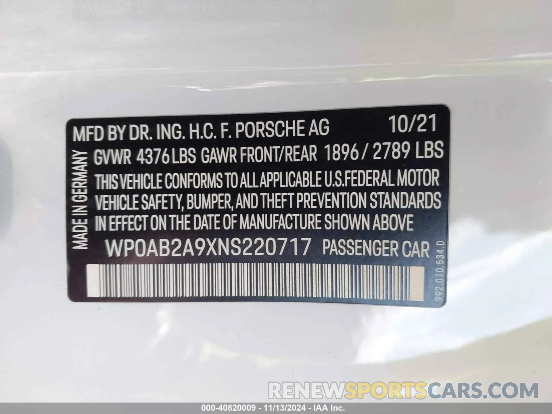 9 Photograph of a damaged car WP0AB2A9XNS220717 PORSCHE 911 2022