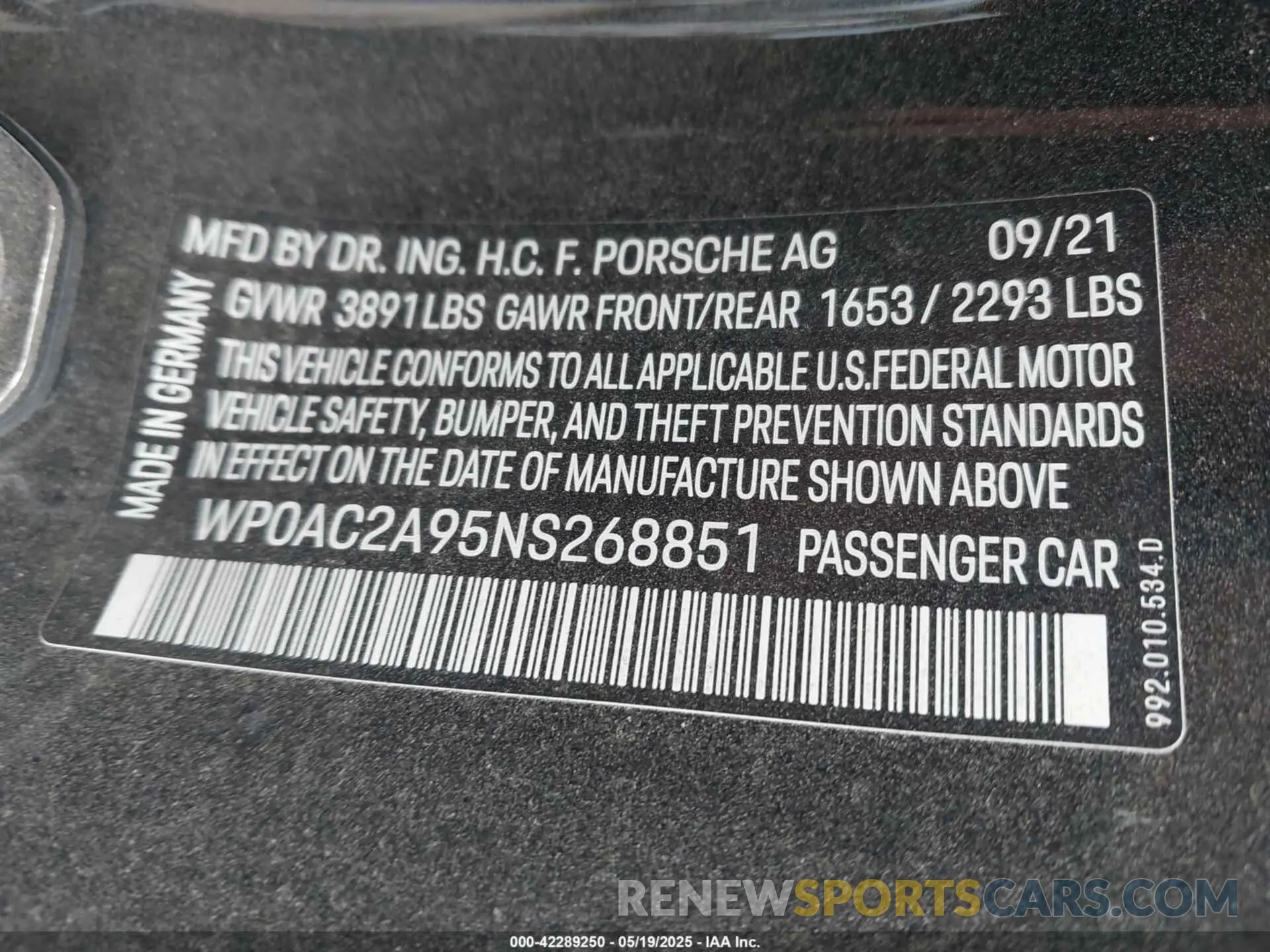9 Photograph of a damaged car WP0AC2A95NS268851 PORSCHE 911 2022