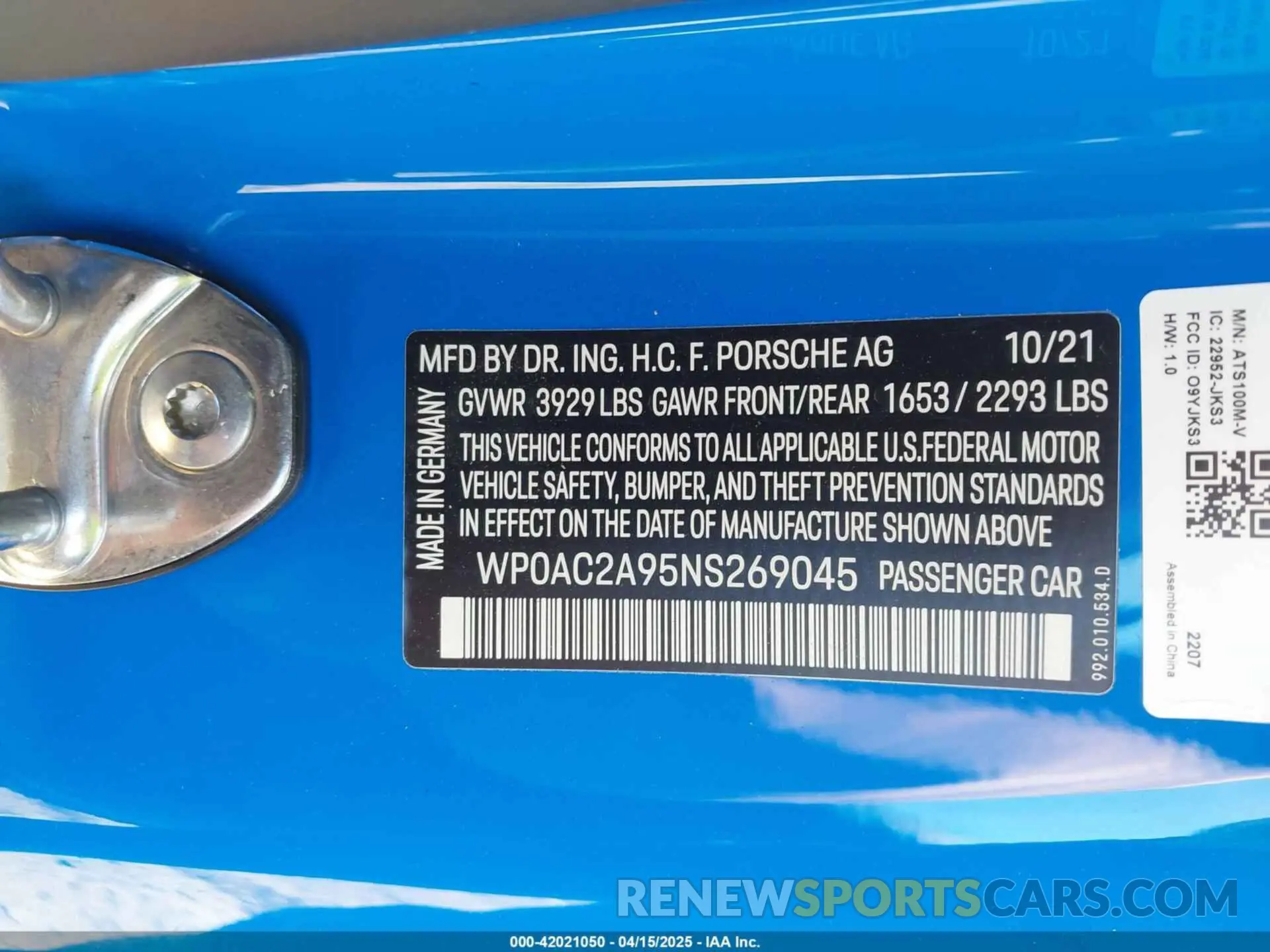 9 Photograph of a damaged car WP0AC2A95NS269045 PORSCHE 911 2022
