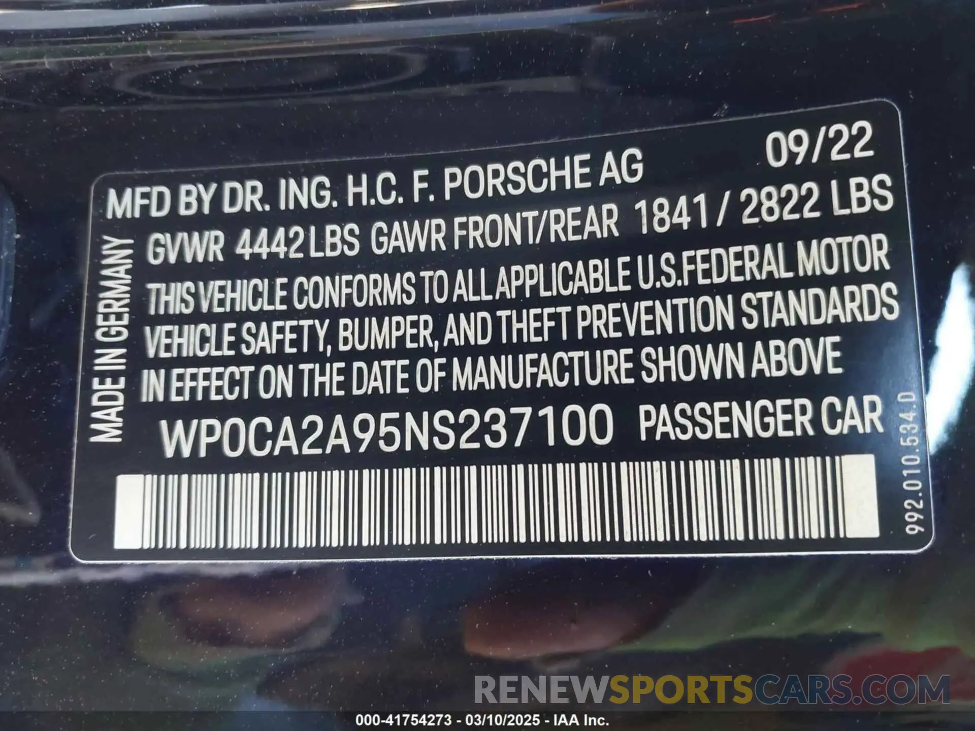 9 Photograph of a damaged car WP0CA2A95NS237100 PORSCHE 911 2022