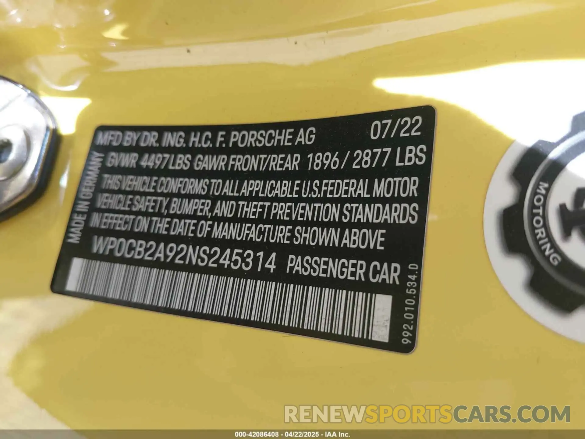 9 Photograph of a damaged car WP0CB2A92NS245314 PORSCHE 911 2022