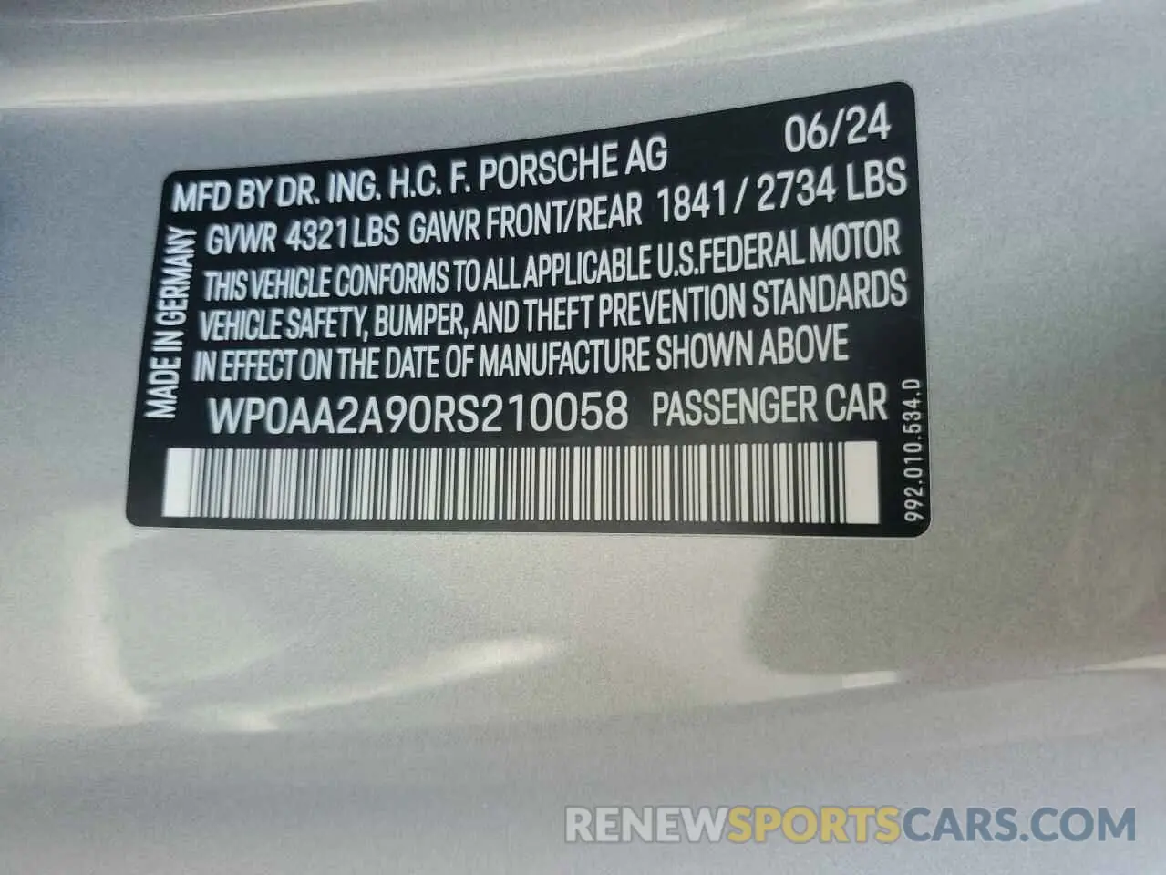 12 Photograph of a damaged car WP0AA2A90RS210058 PORSCHE 911 2024