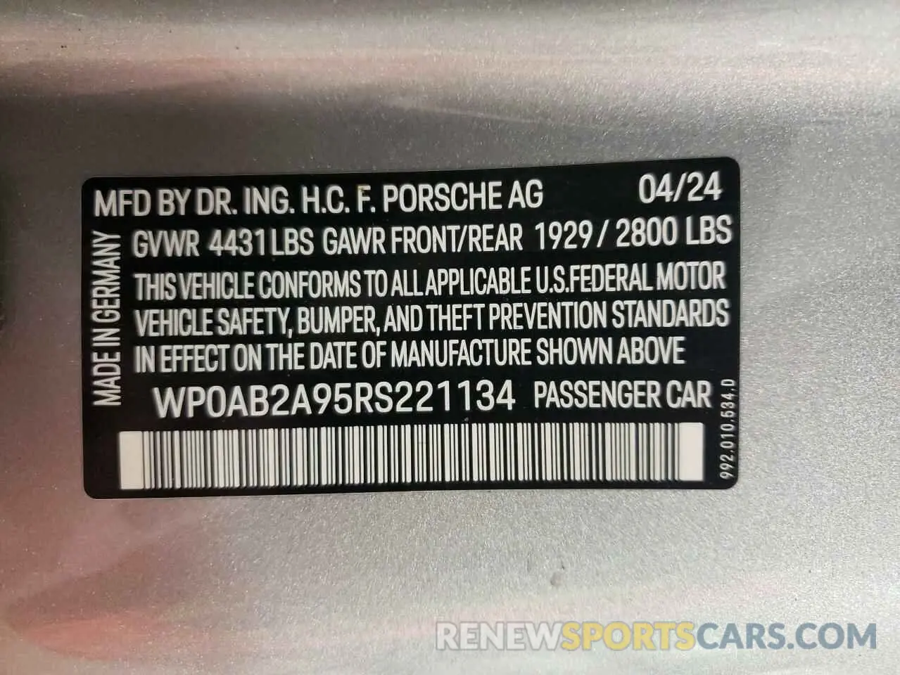 13 Photograph of a damaged car WP0AB2A95RS221134 PORSCHE 911 2024
