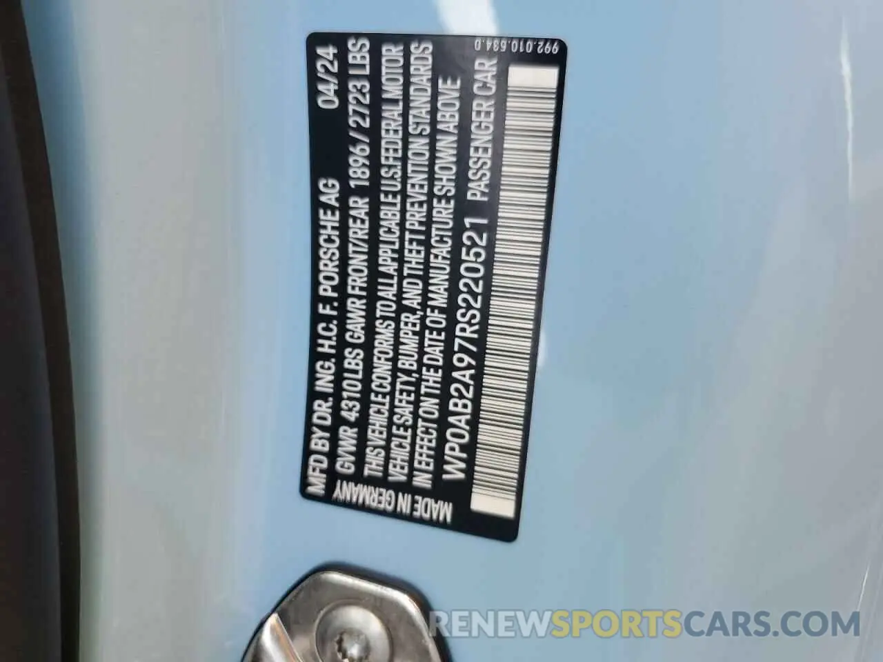 13 Photograph of a damaged car WP0AB2A97RS220521 PORSCHE 911 2024