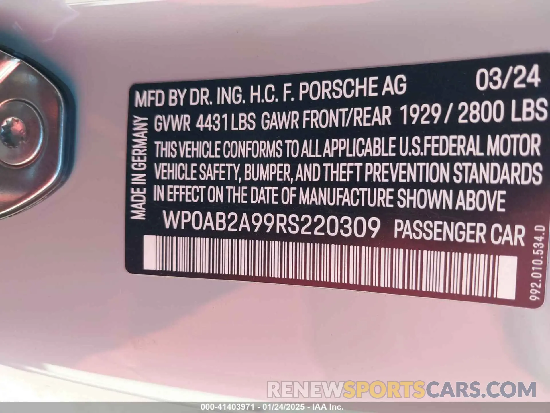 9 Photograph of a damaged car WP0AB2A99RS220309 PORSCHE 911 2024