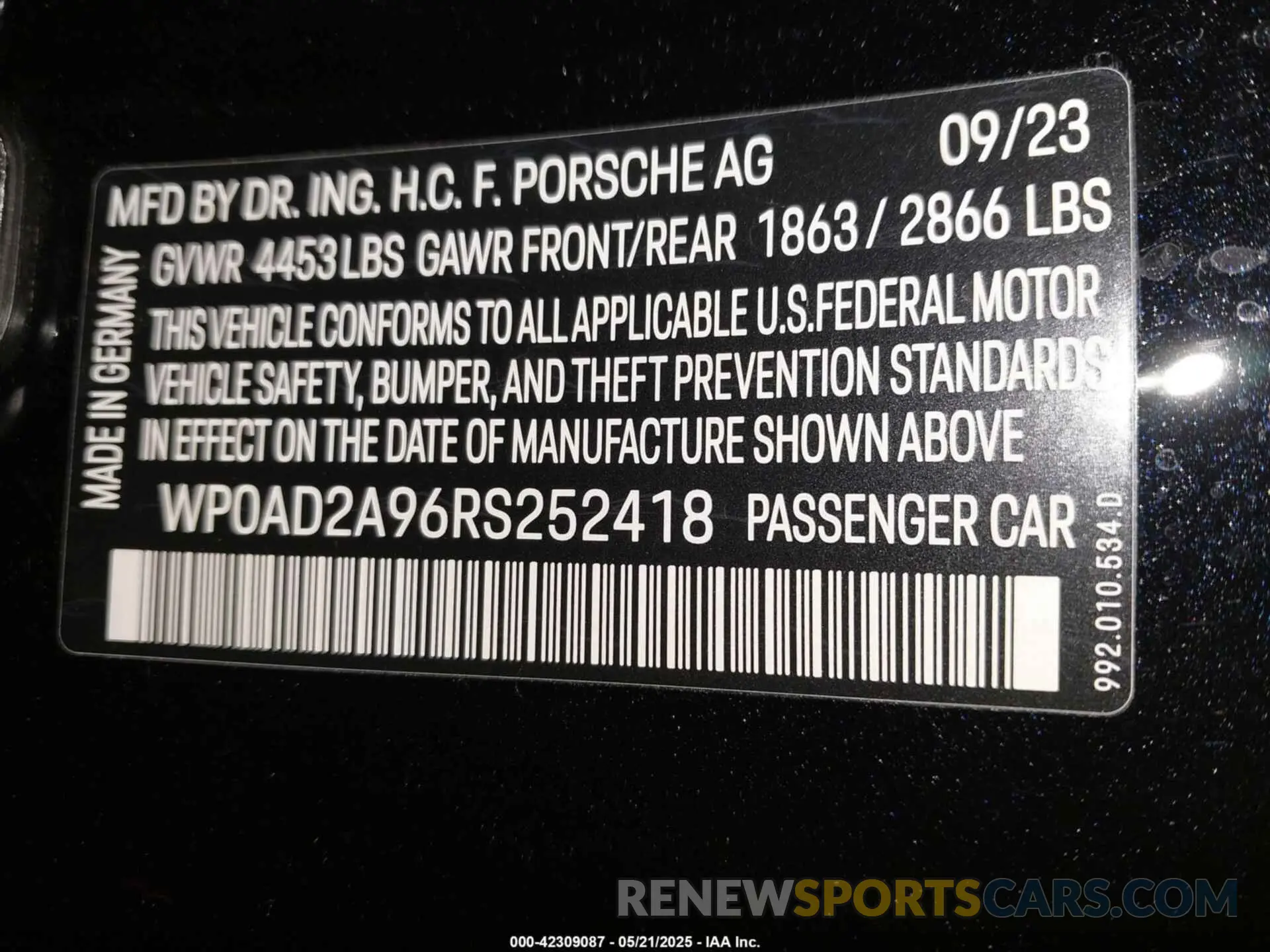 9 Photograph of a damaged car WP0AD2A96RS252418 PORSCHE 911 2024