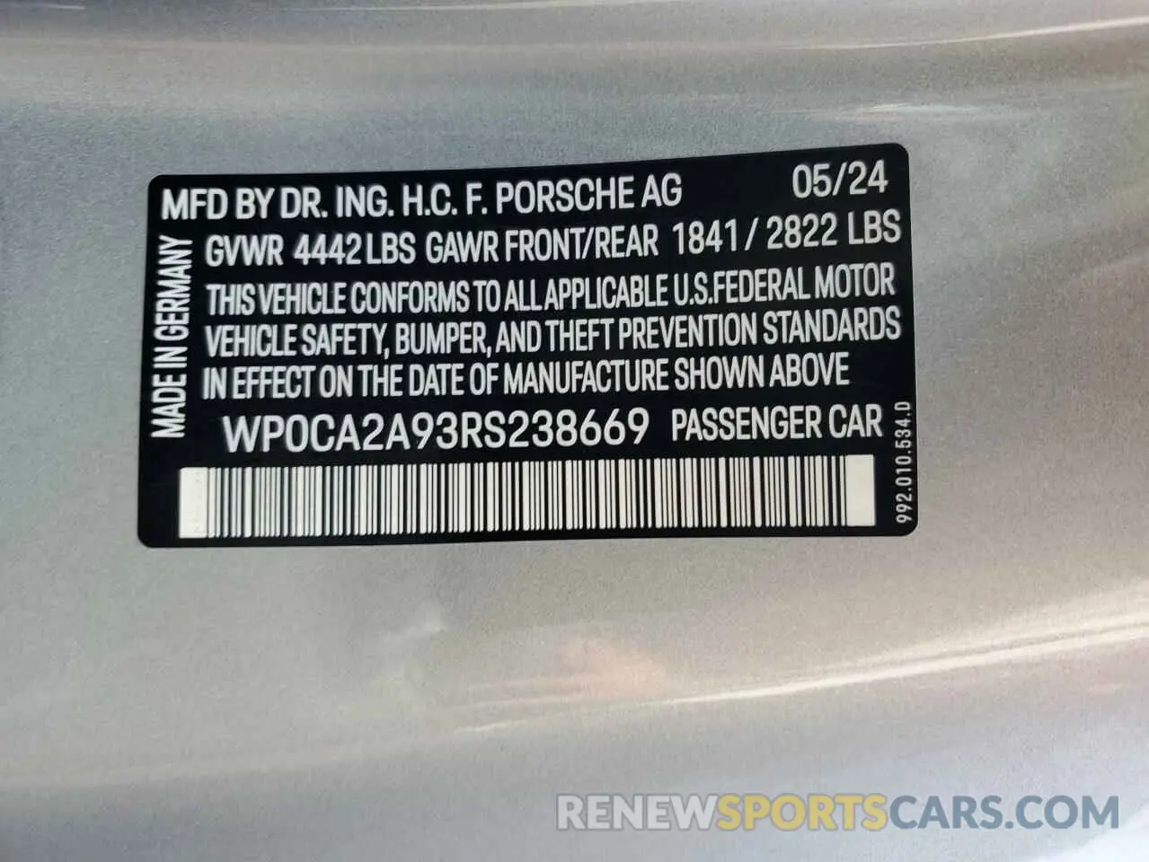 12 Photograph of a damaged car WP0CA2A93RS238669 PORSCHE 911 2024