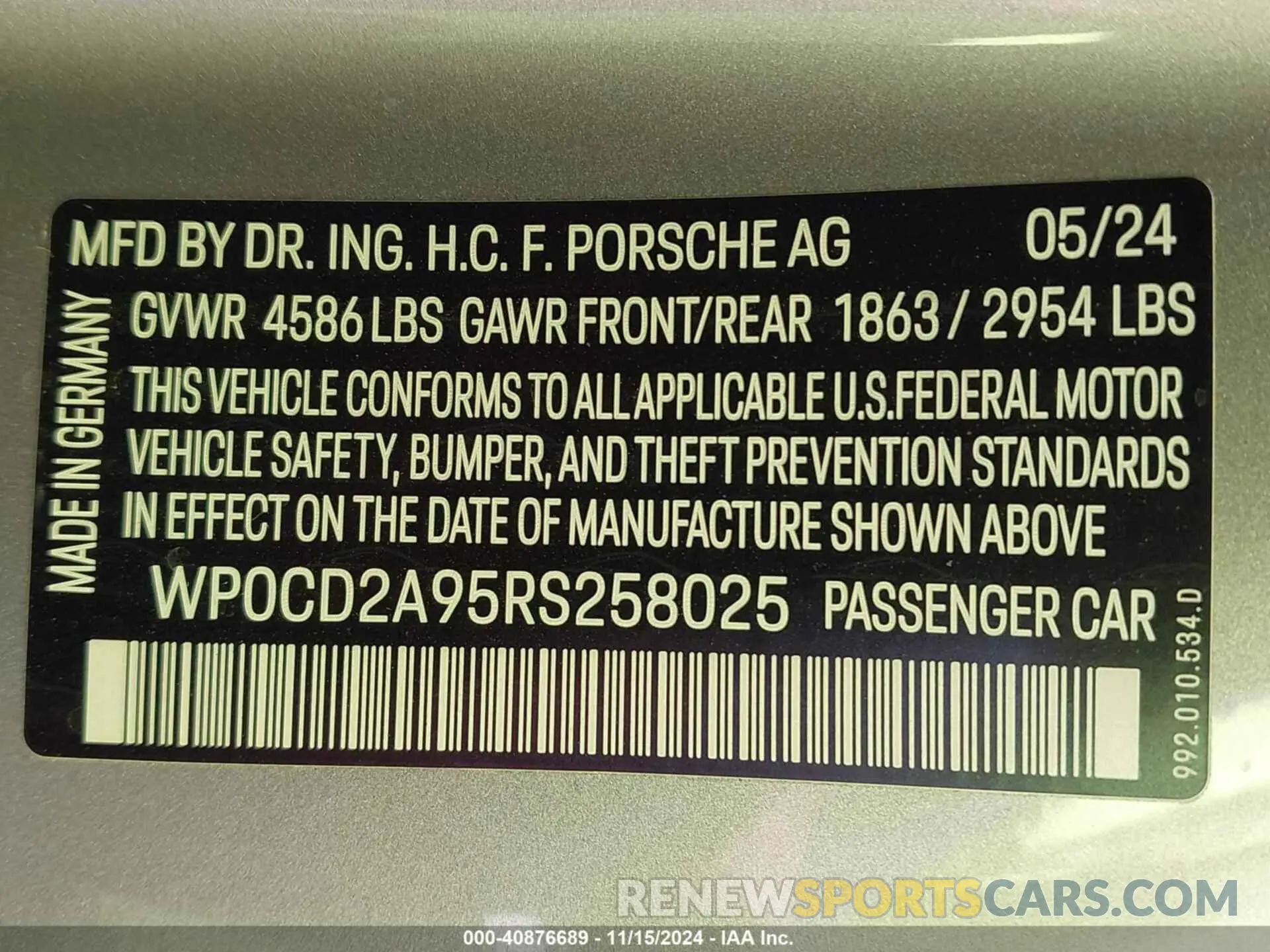 9 Photograph of a damaged car WP0CD2A95RS258025 PORSCHE 911 2024